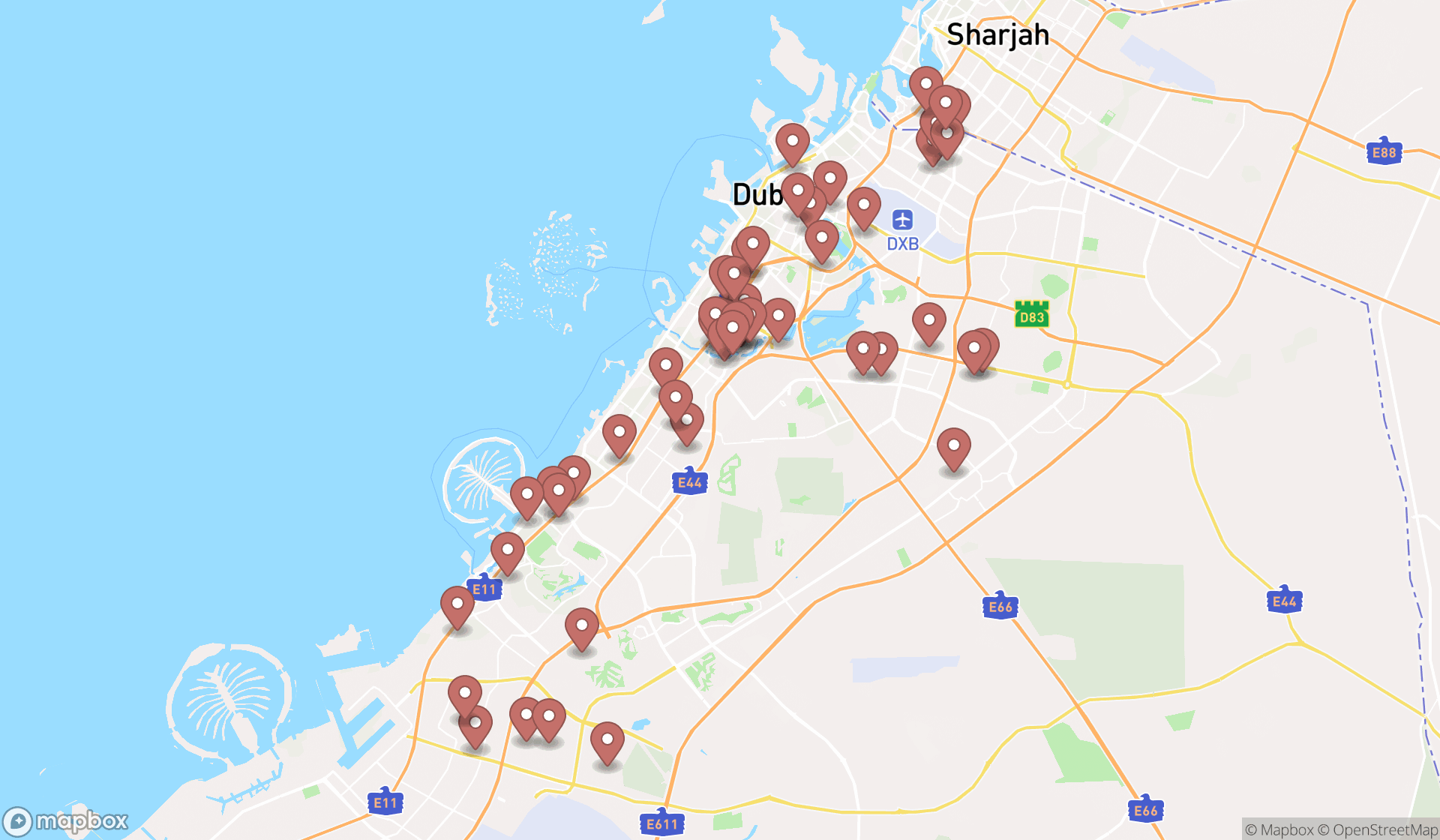 Map showing the search results in Dubai