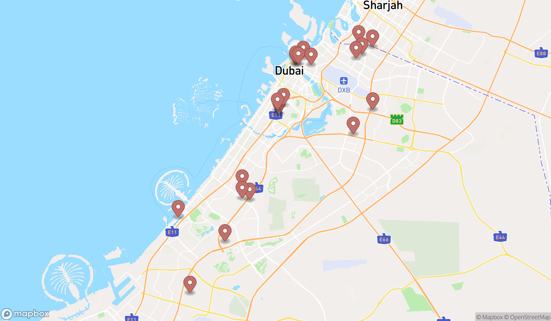 Map showing the search results in Dubai