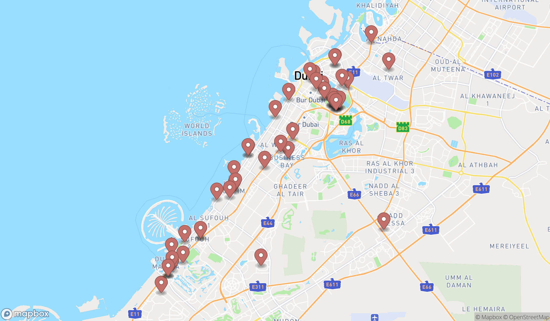 Map showing the search results in Dubai