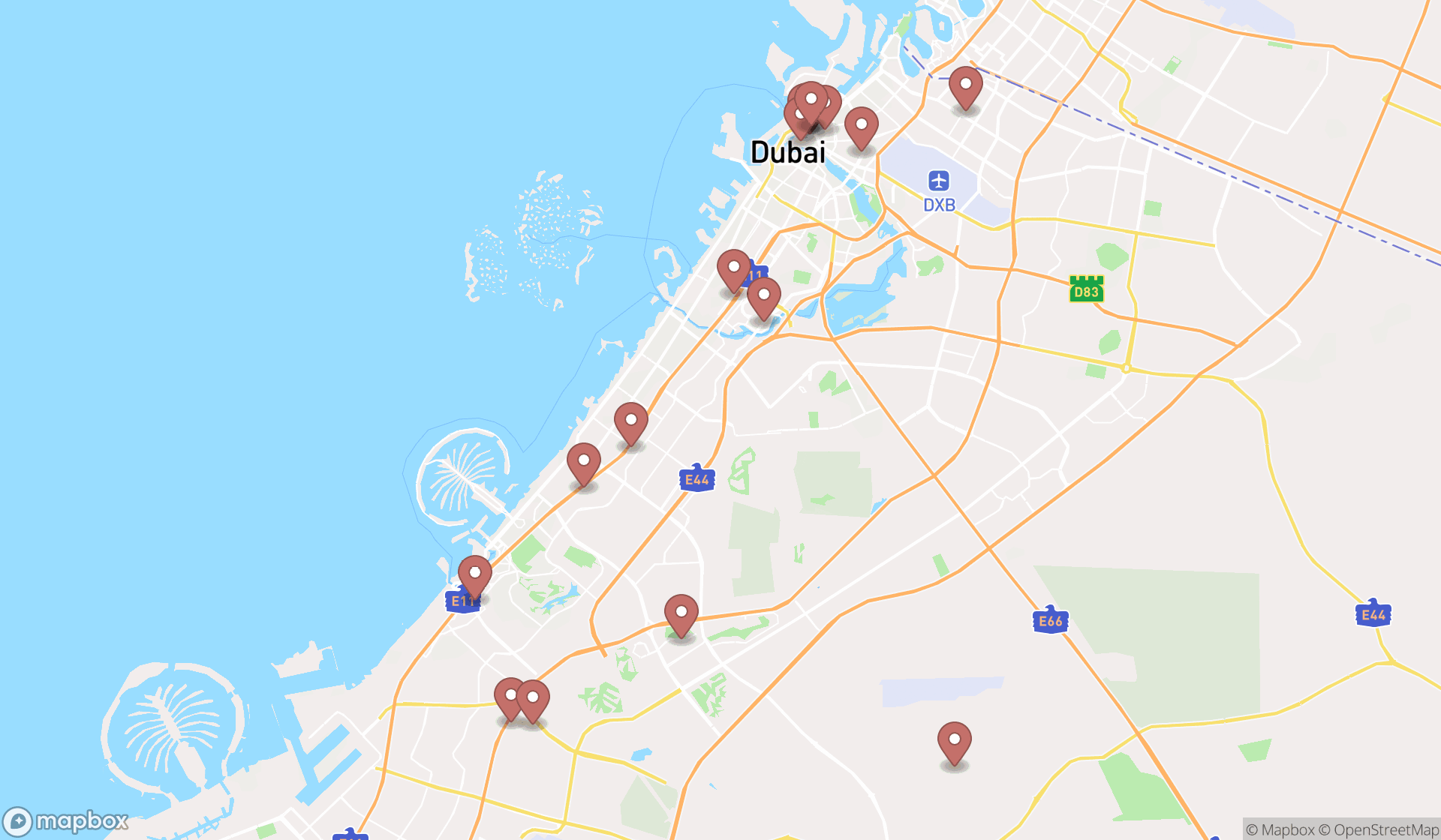 Map showing the search results in Dubai