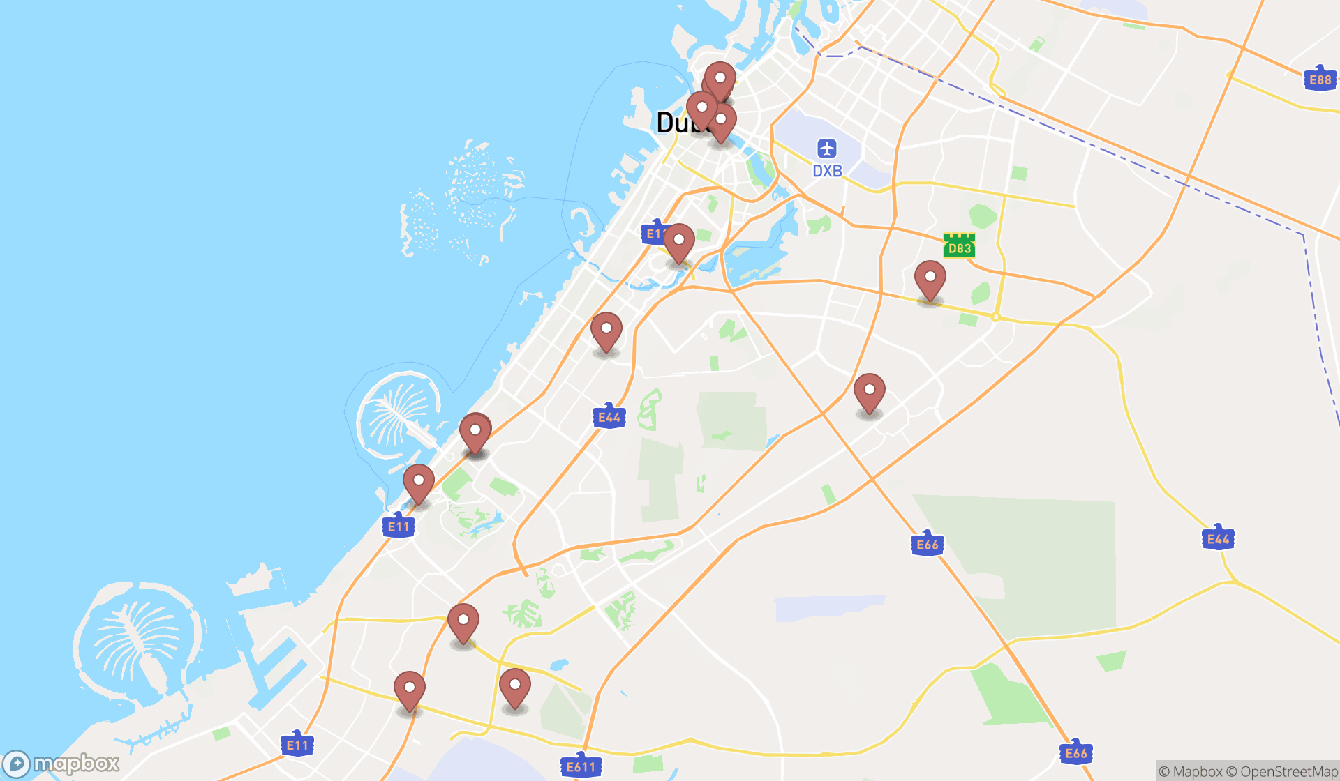 Map showing the search results in Dubai