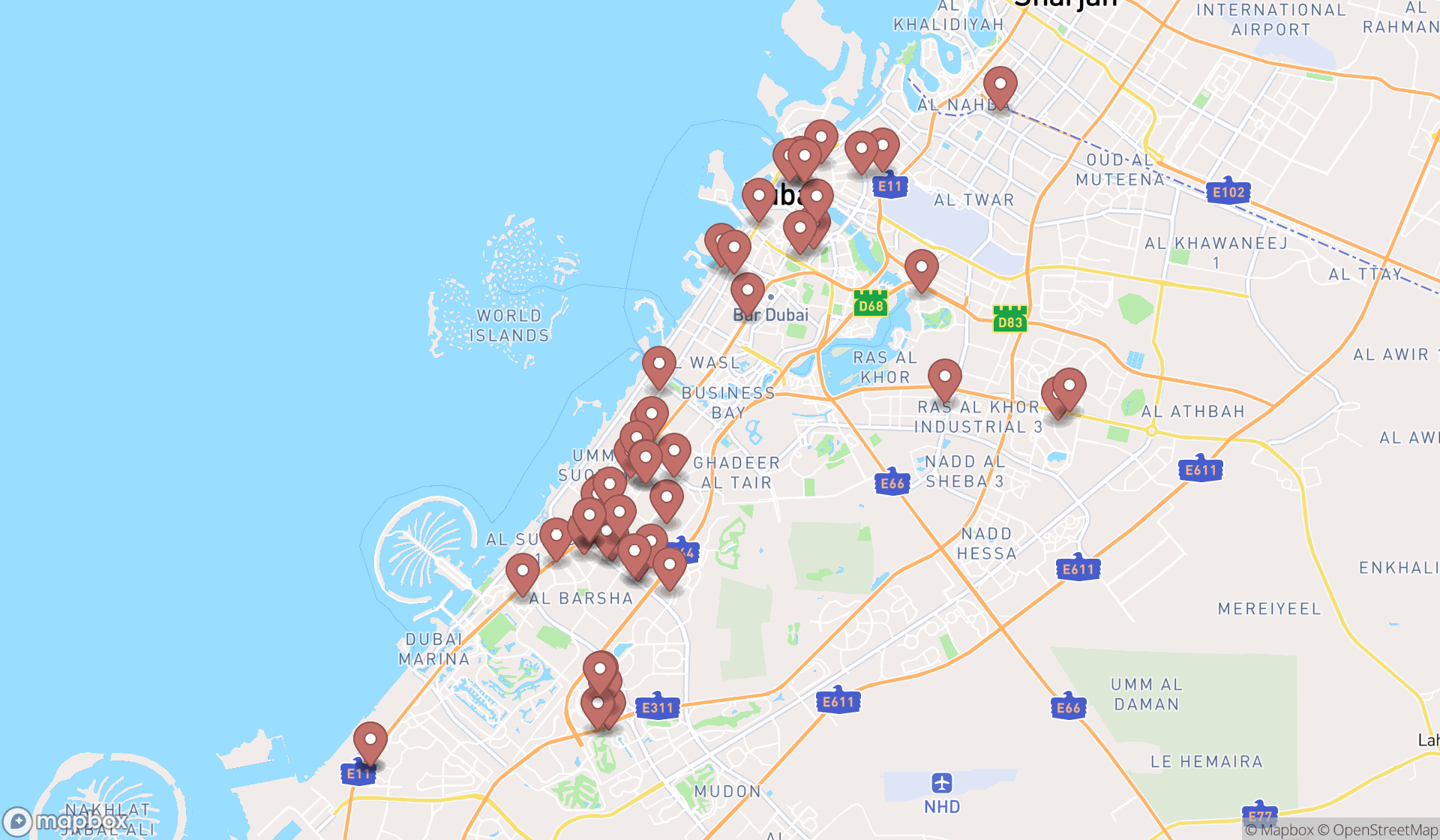 Map showing the search results in Dubai