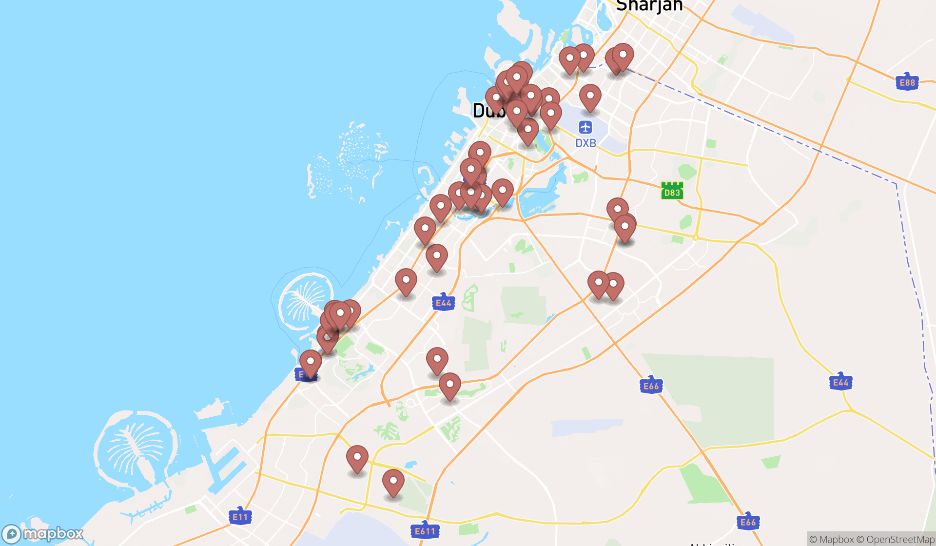 Map showing the search results in Dubai