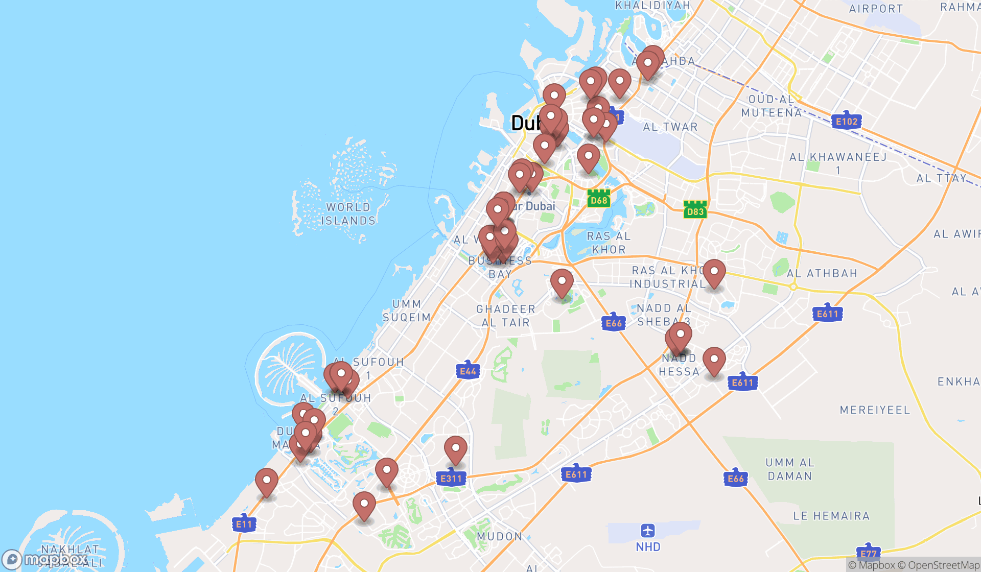Map showing the search results in Dubai