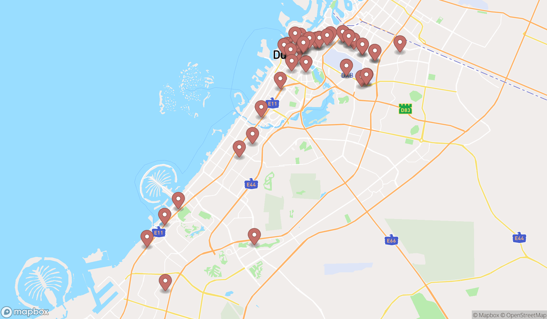 Map showing the search results in Dubai