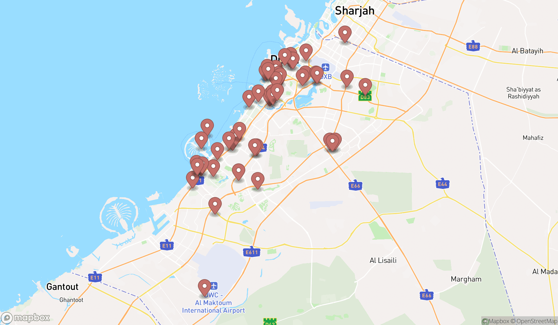 Map showing the search results in Dubai