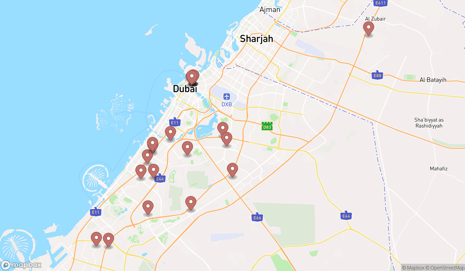 Map showing the search results in Dubai