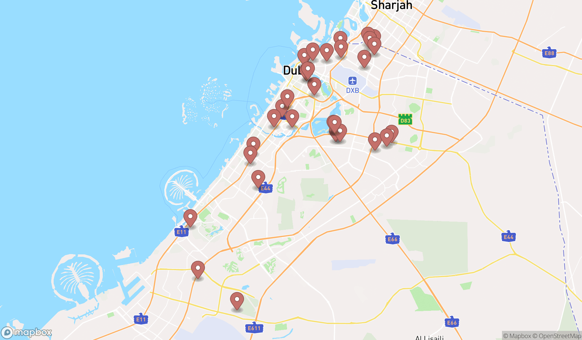 Map showing the search results in Dubai