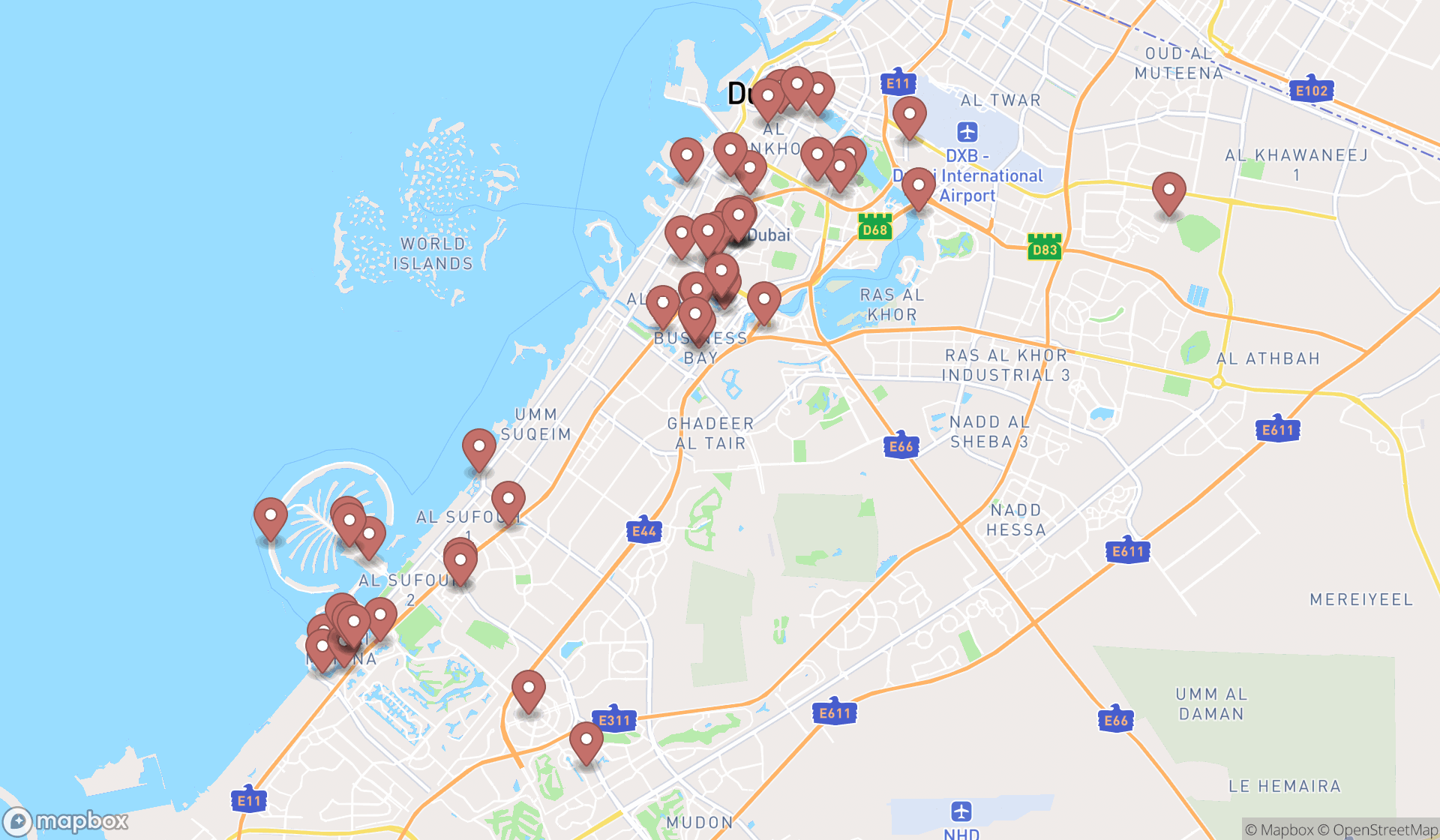 Map showing the search results in Dubai
