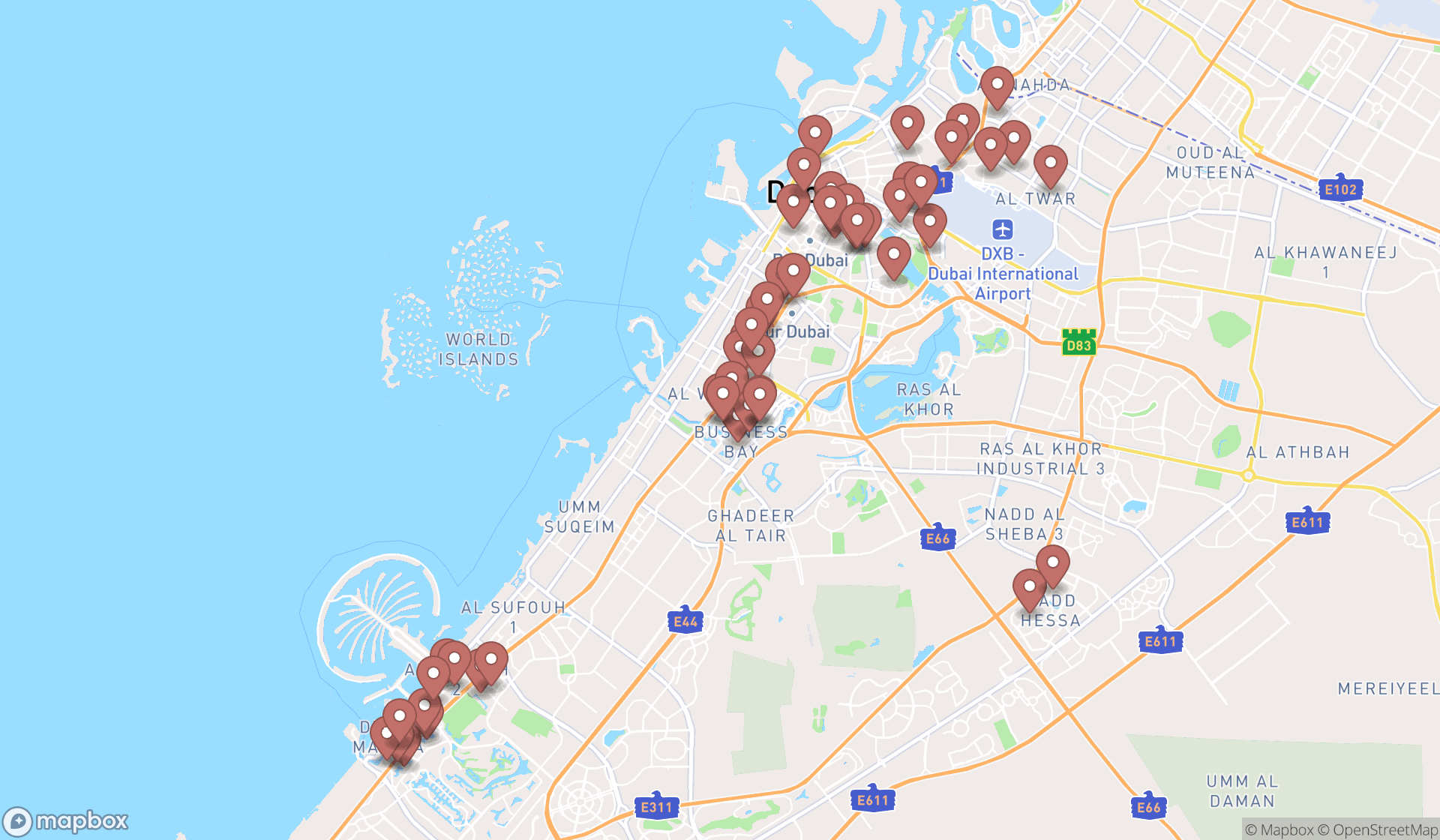 Map showing the search results in Dubai
