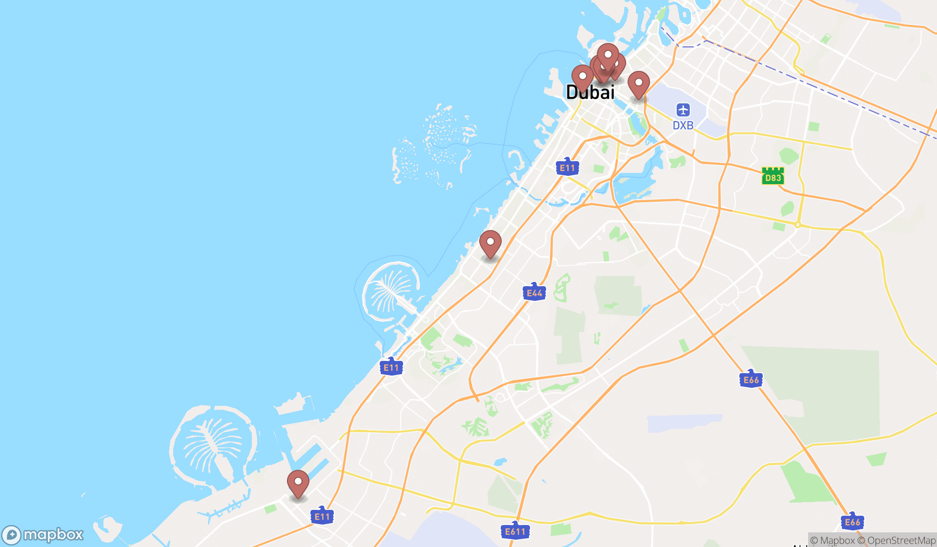 Map showing the search results in Dubai
