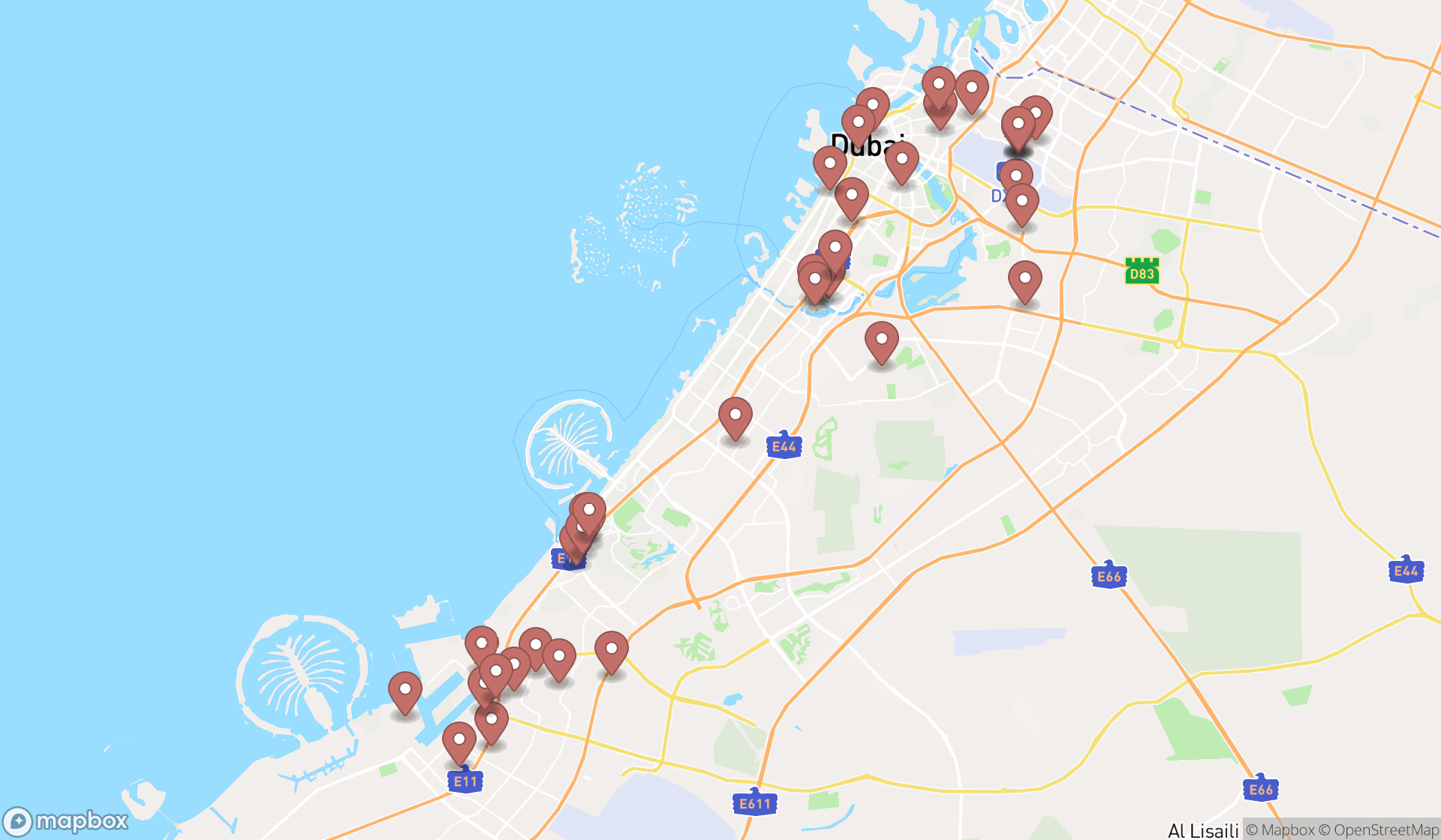 Map showing the search results in Dubai