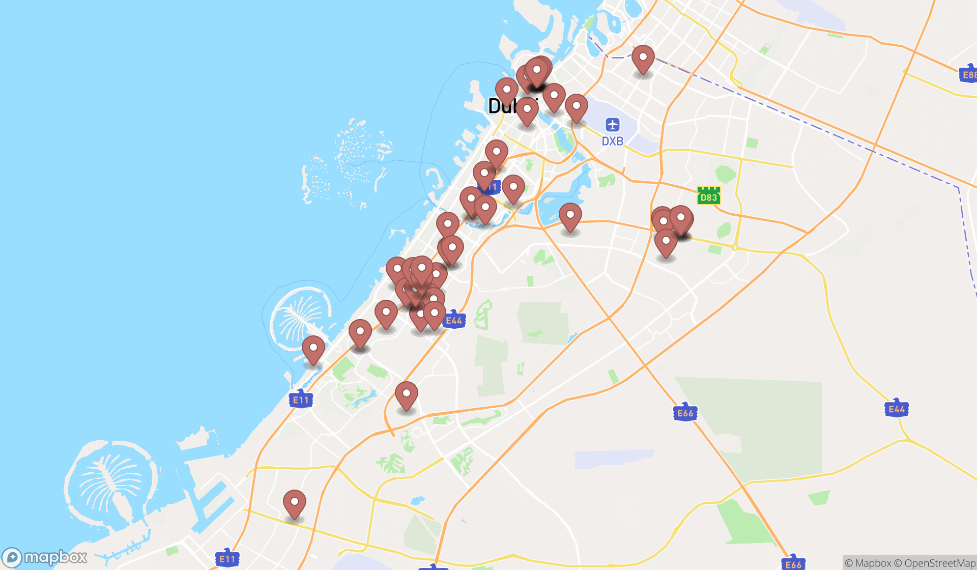 Map showing the search results in Dubai