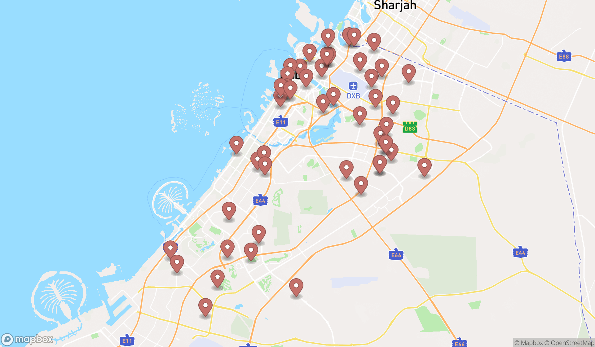 Map showing the search results in Dubai