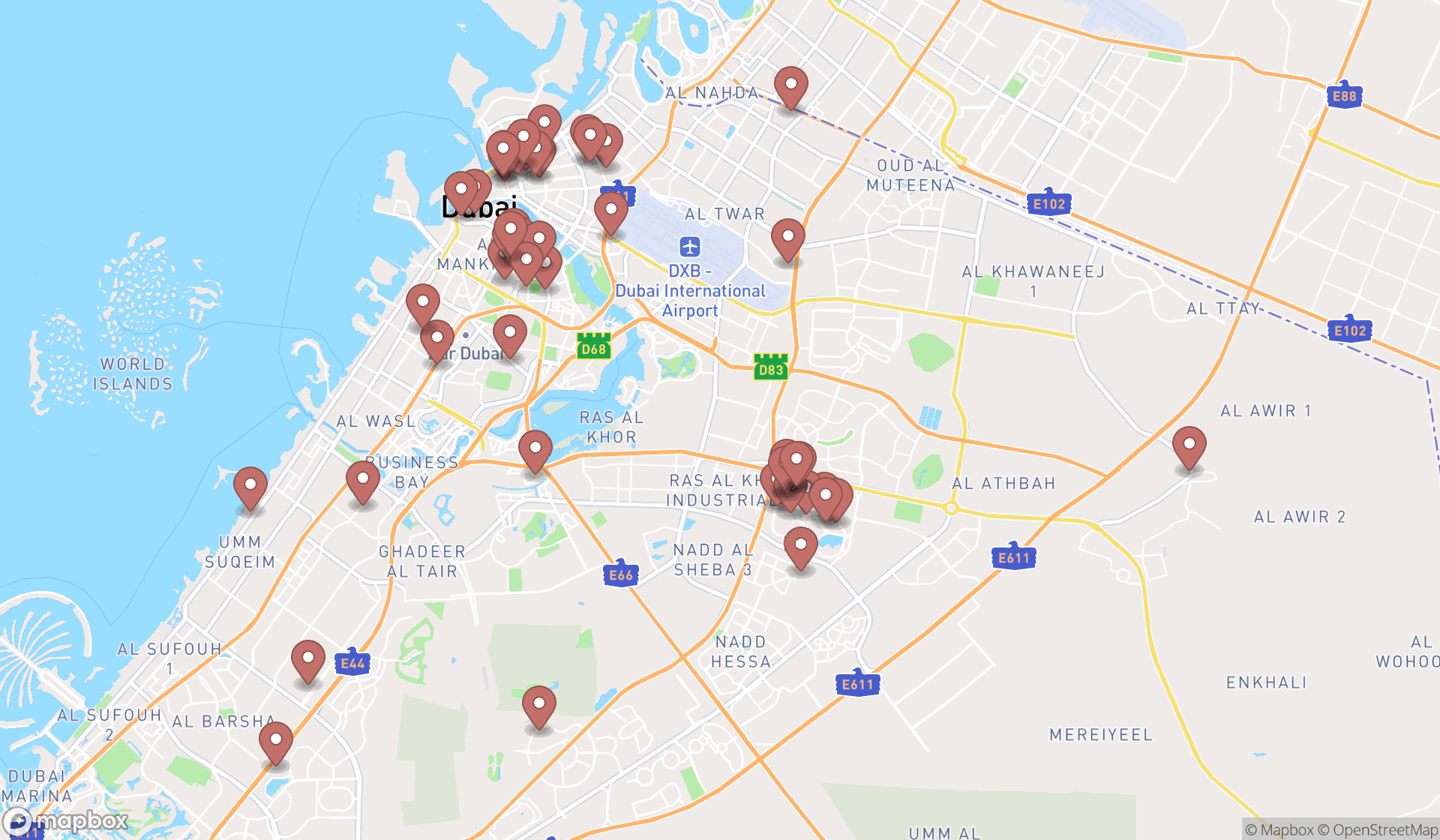 Map showing the search results in Dubai