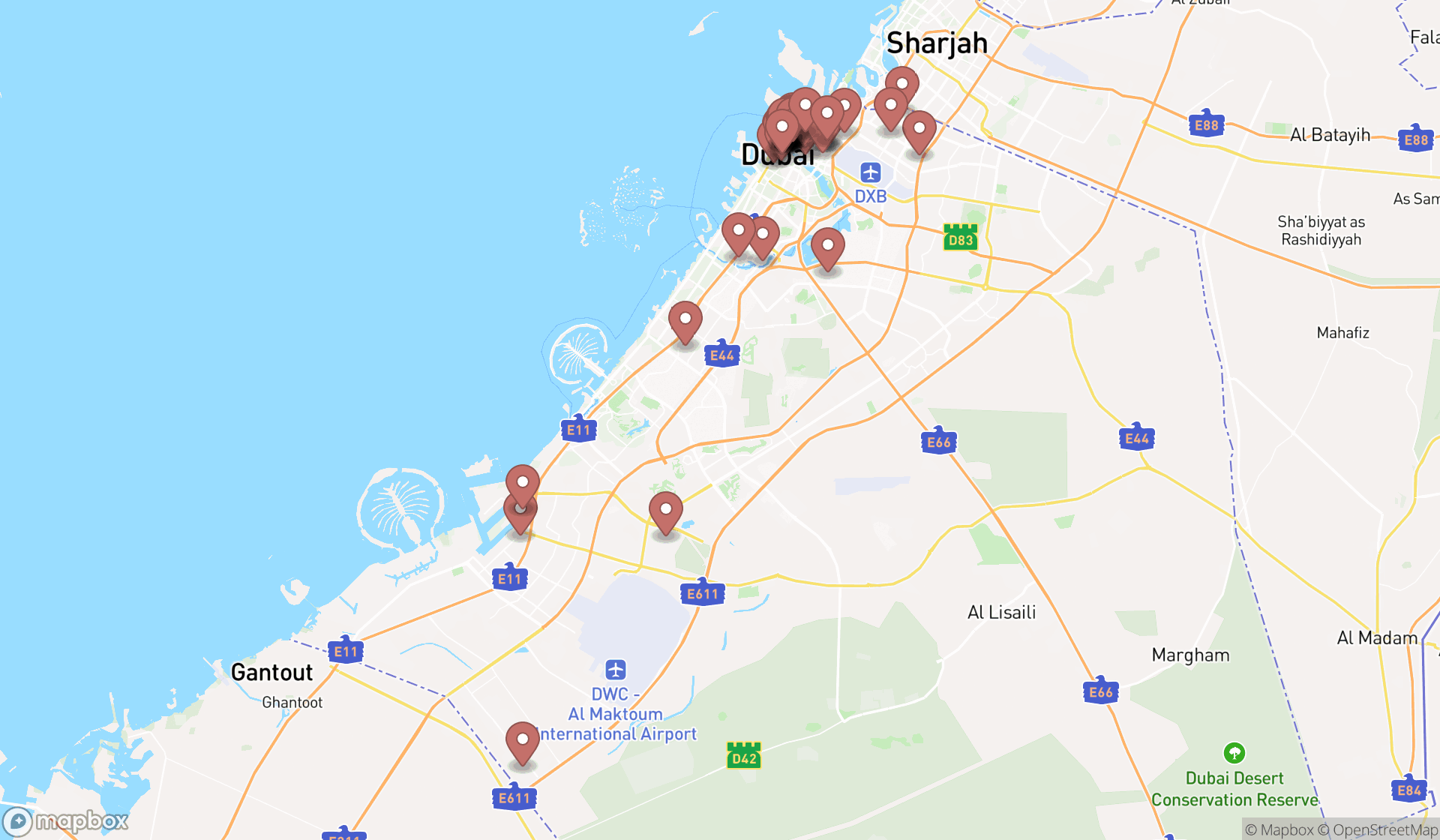 Map showing the search results in Dubai