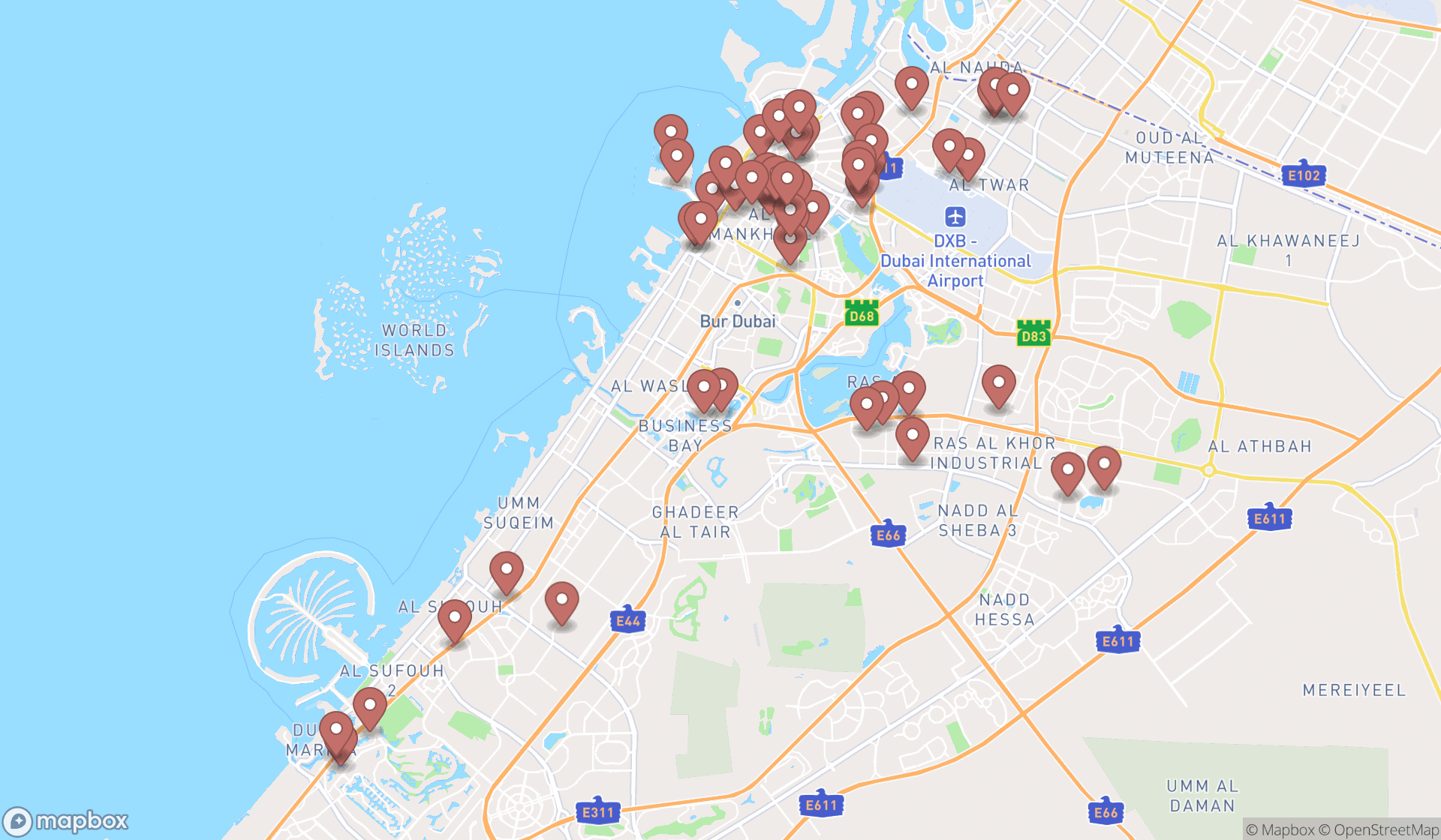 Map showing the search results in Dubai