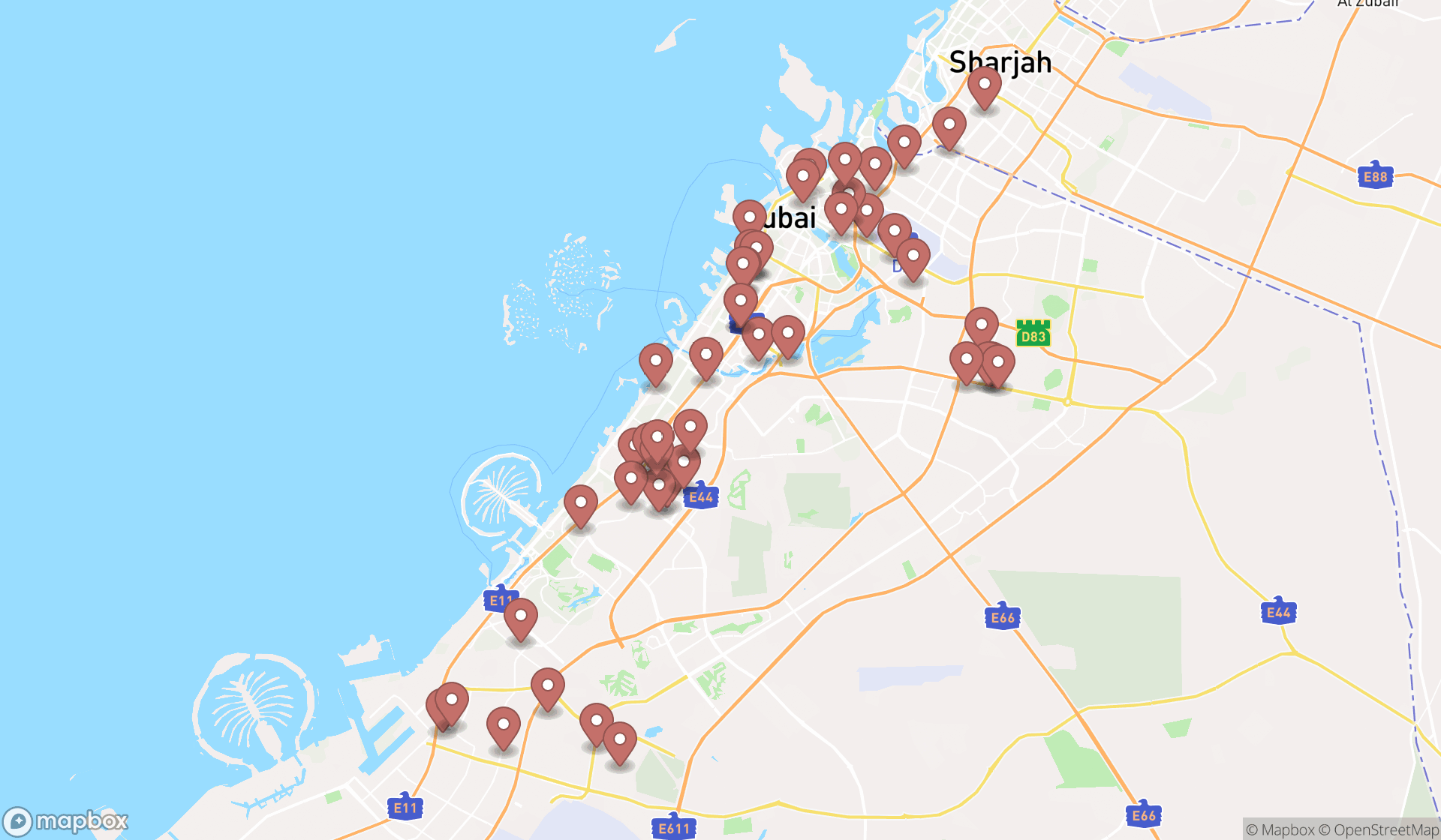 Map showing the search results in Dubai