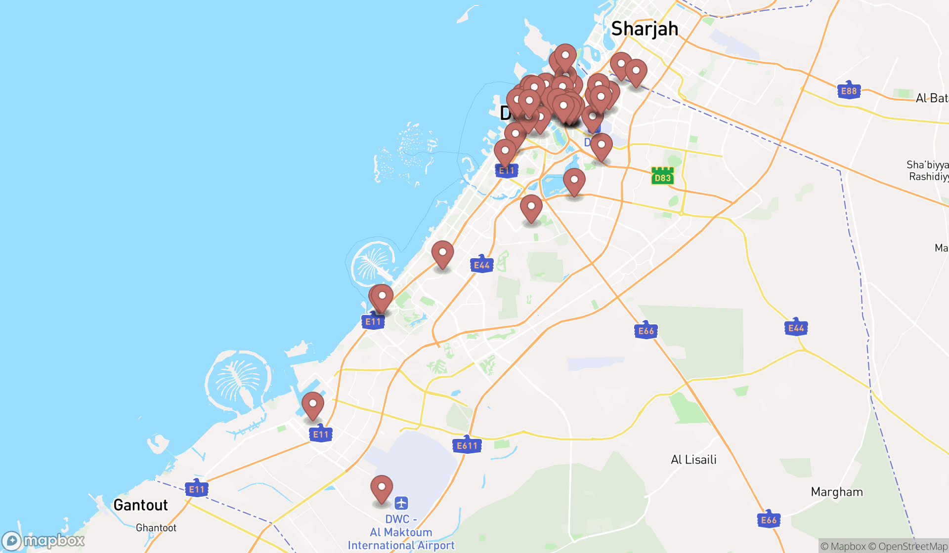 Map showing the search results in Dubai