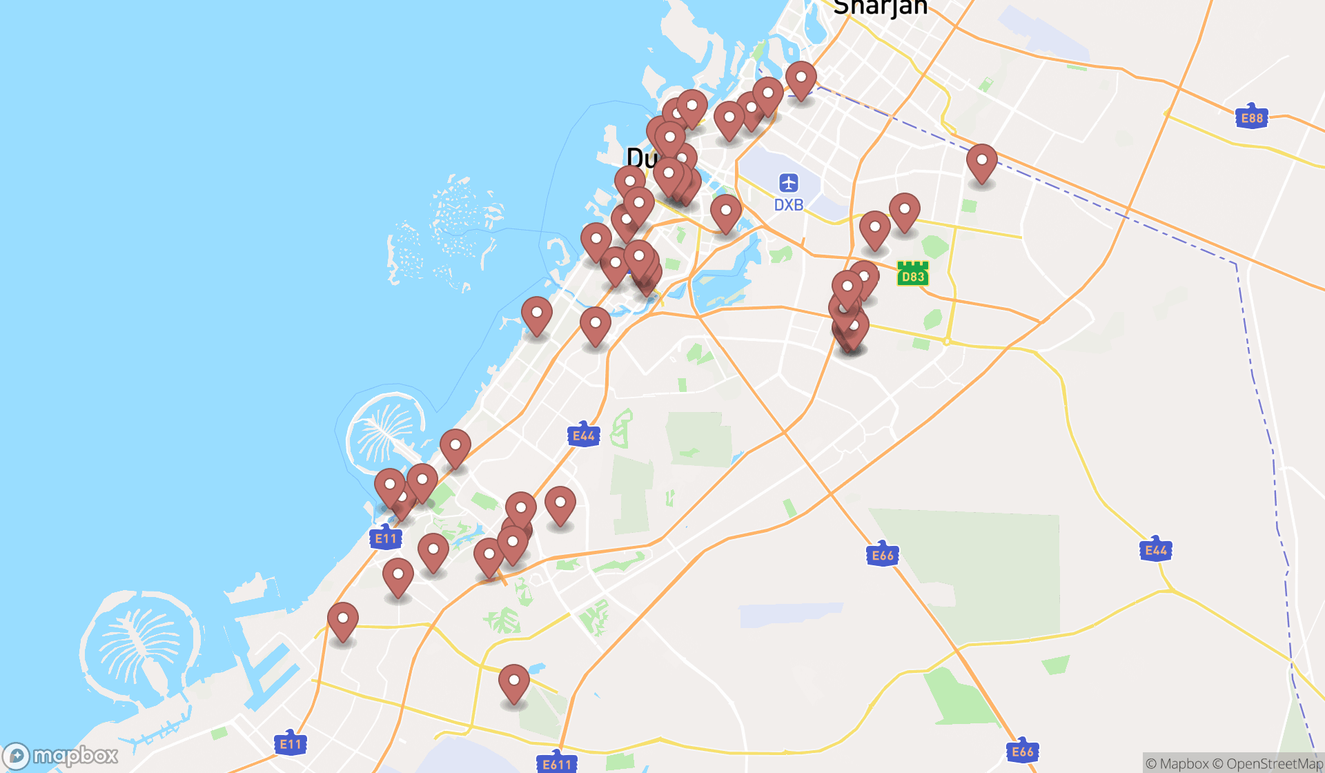 Map showing the search results in Dubai