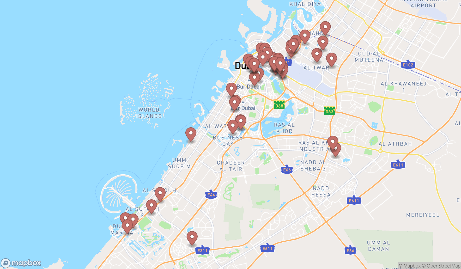 Map showing the search results in Dubai
