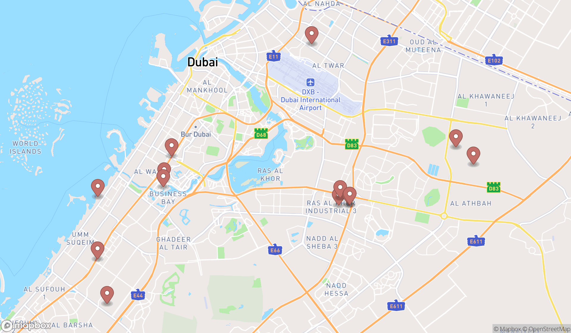 Map showing the search results in Dubai