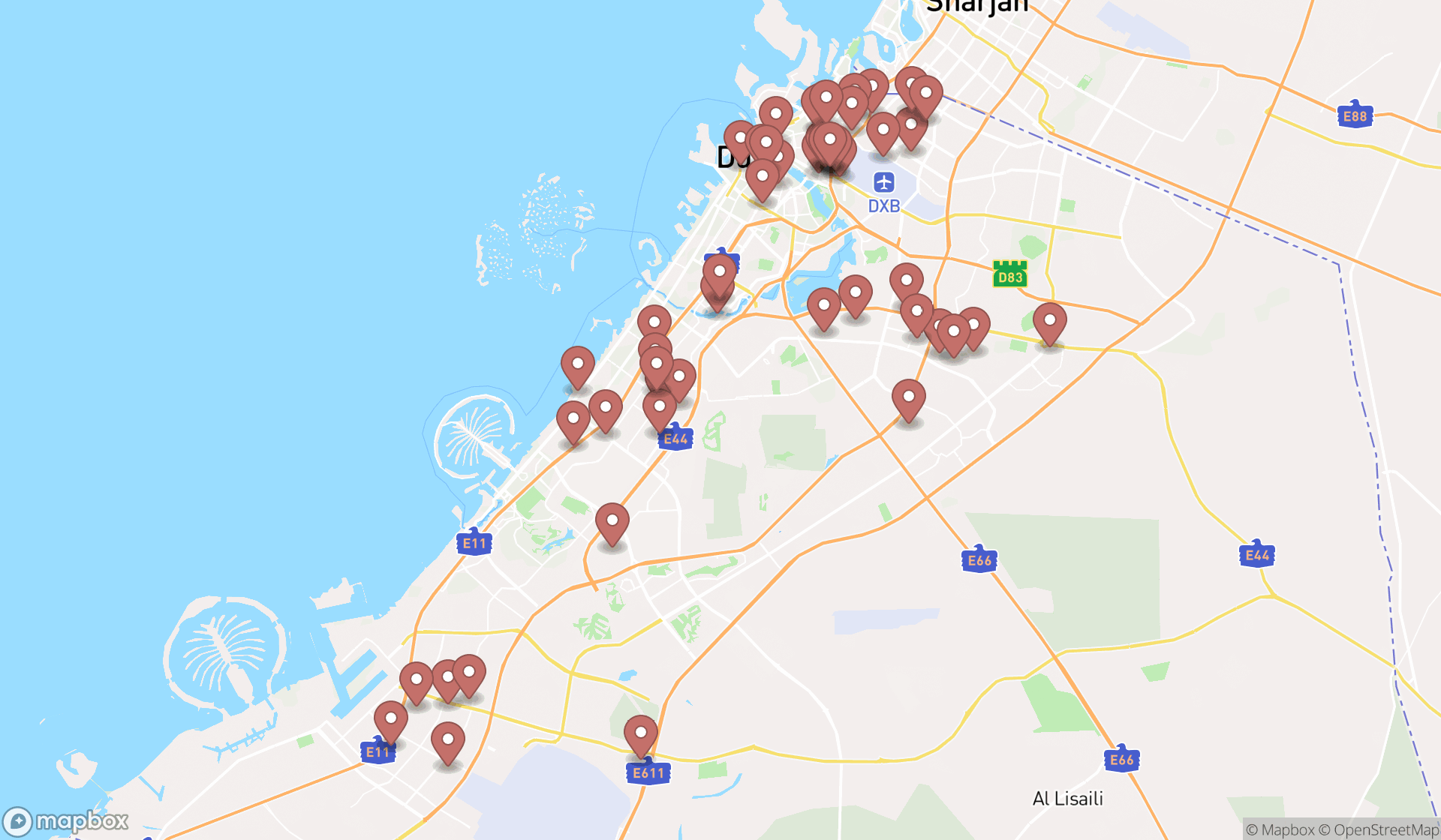 Map showing the search results in Dubai
