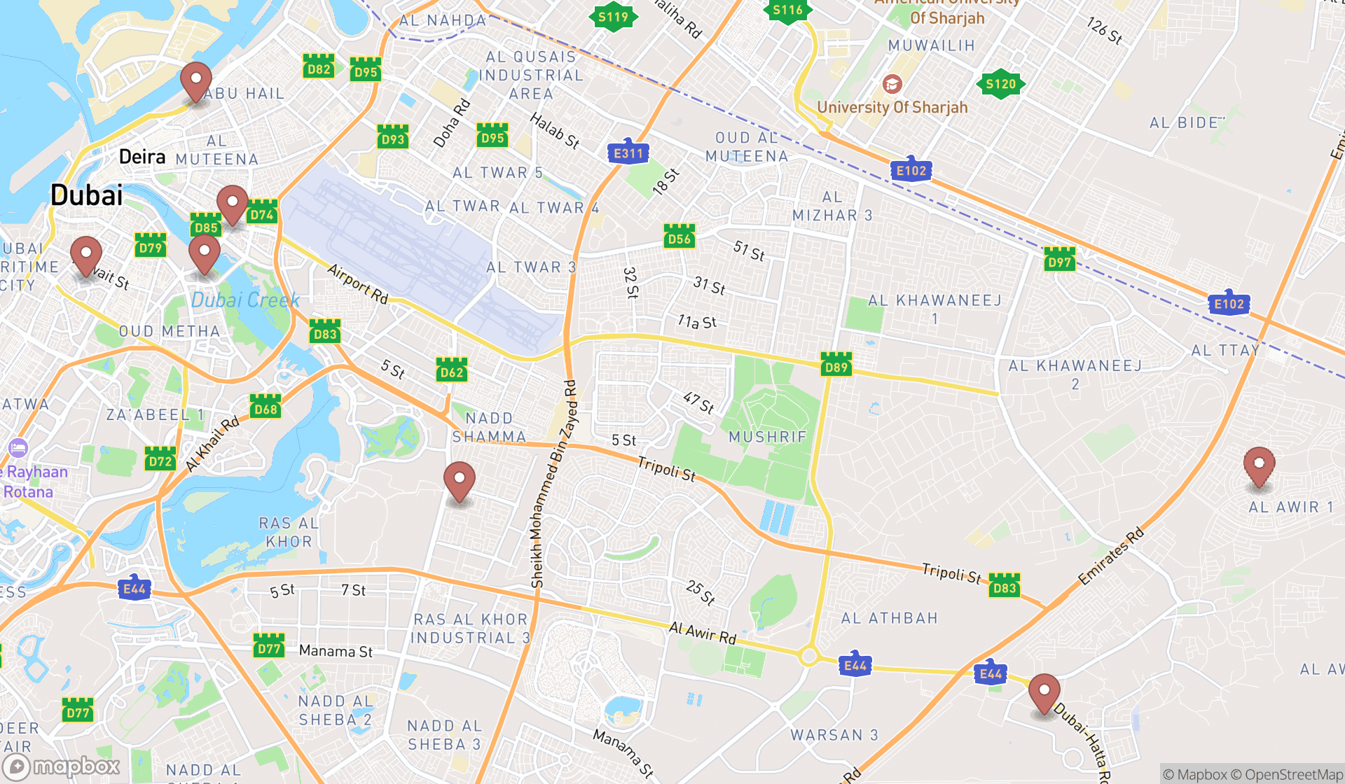 Map showing the search results in Dubai