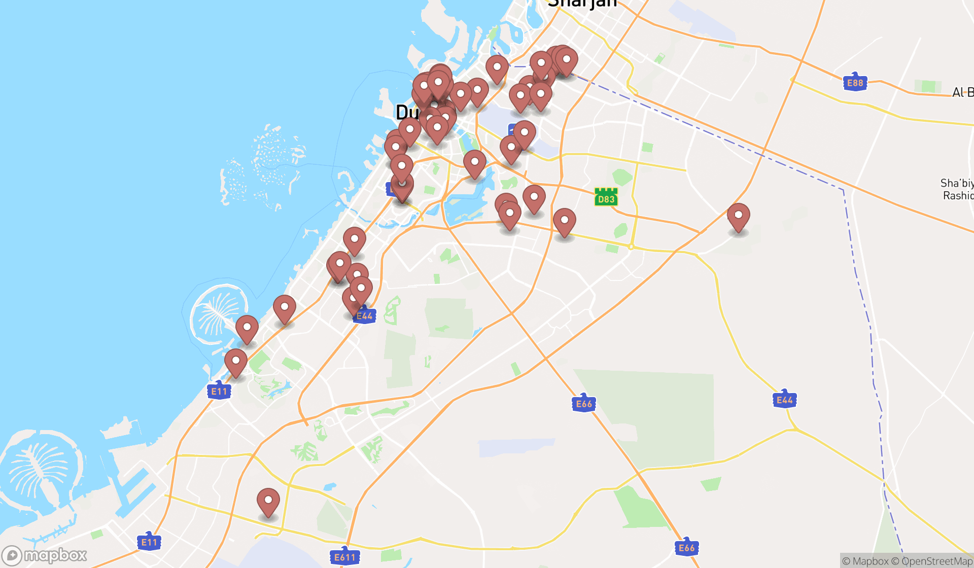 Map showing the search results in Dubai