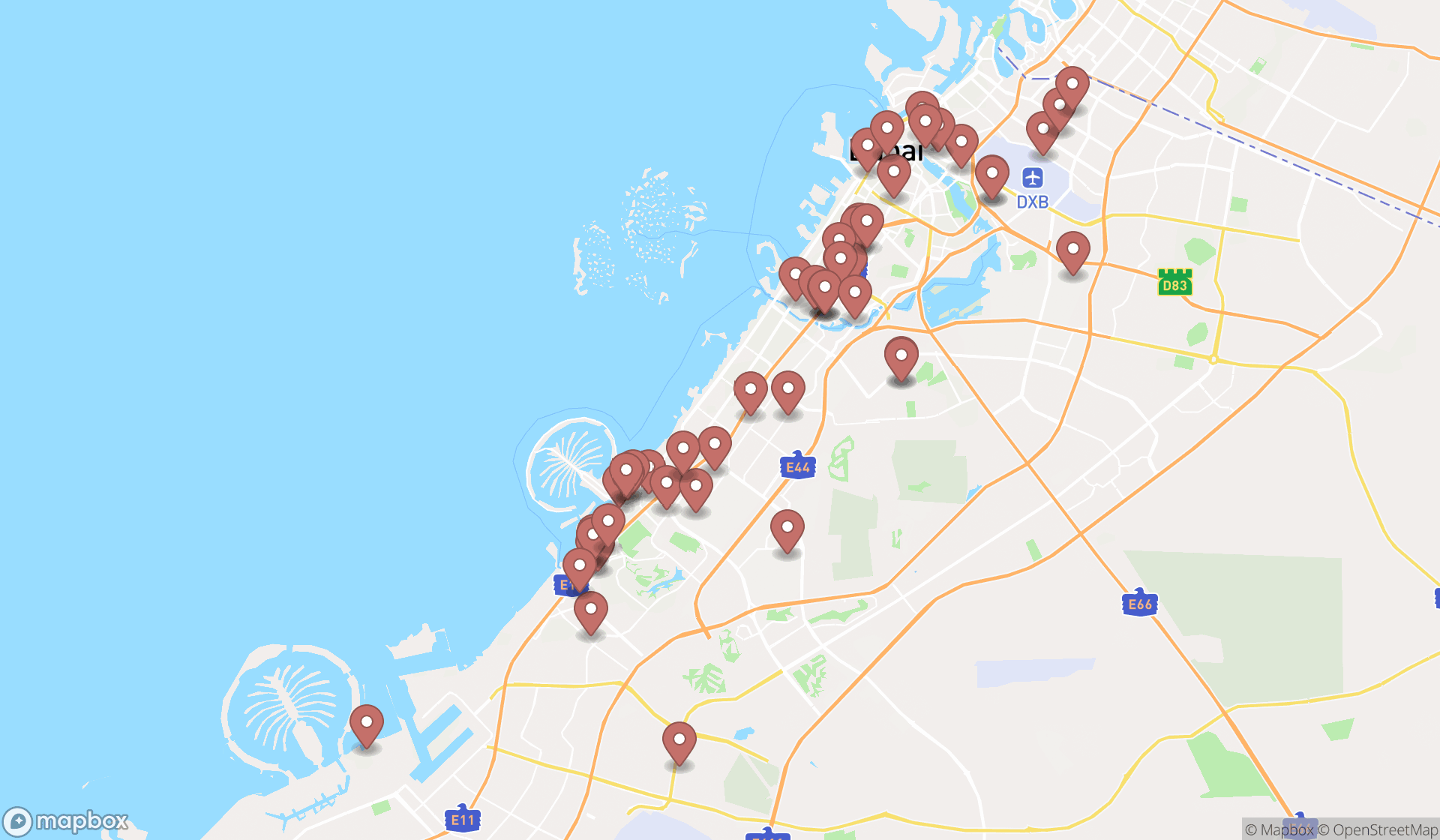 Map showing the search results in Dubai