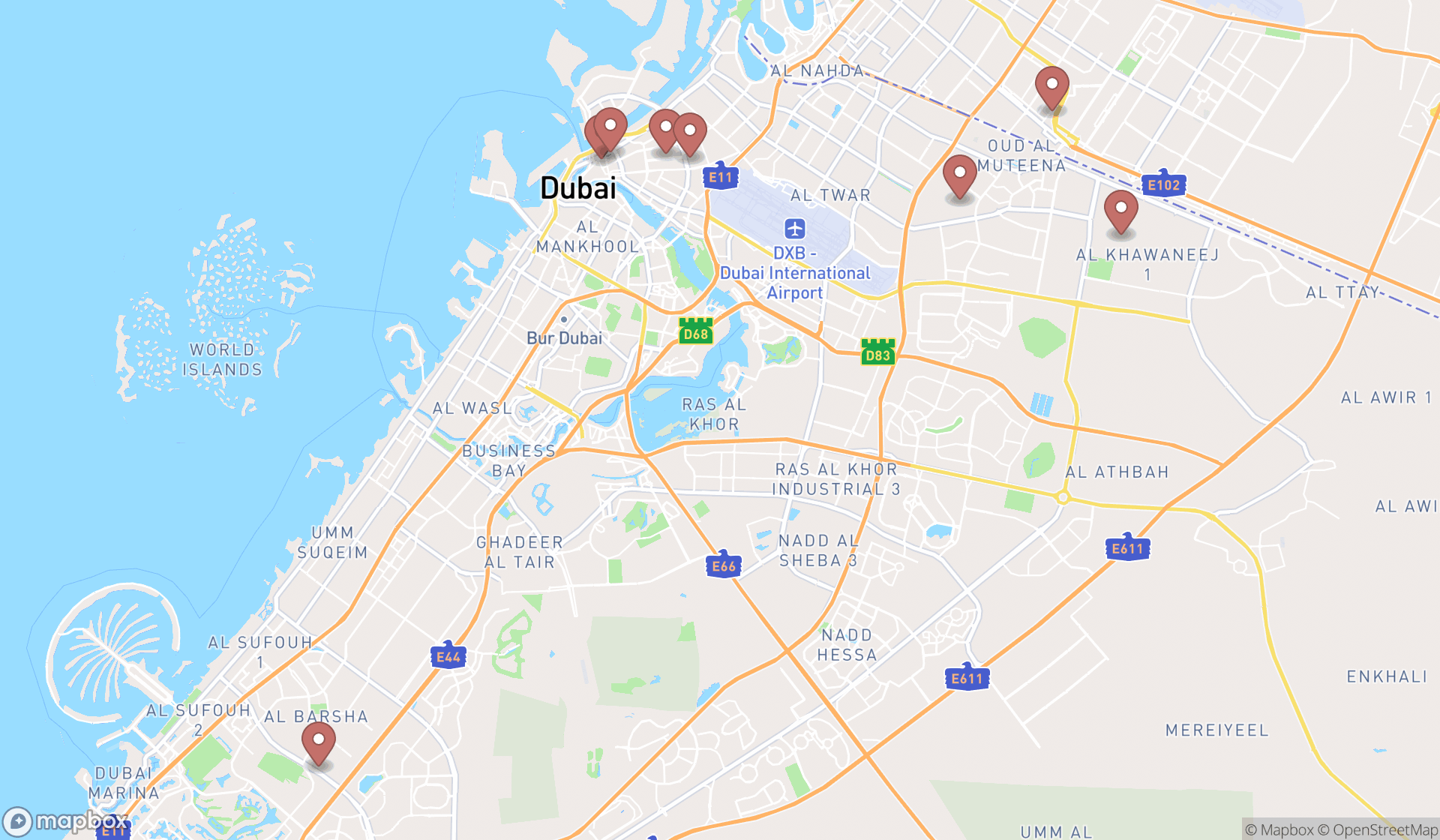 Map showing the search results in Dubai
