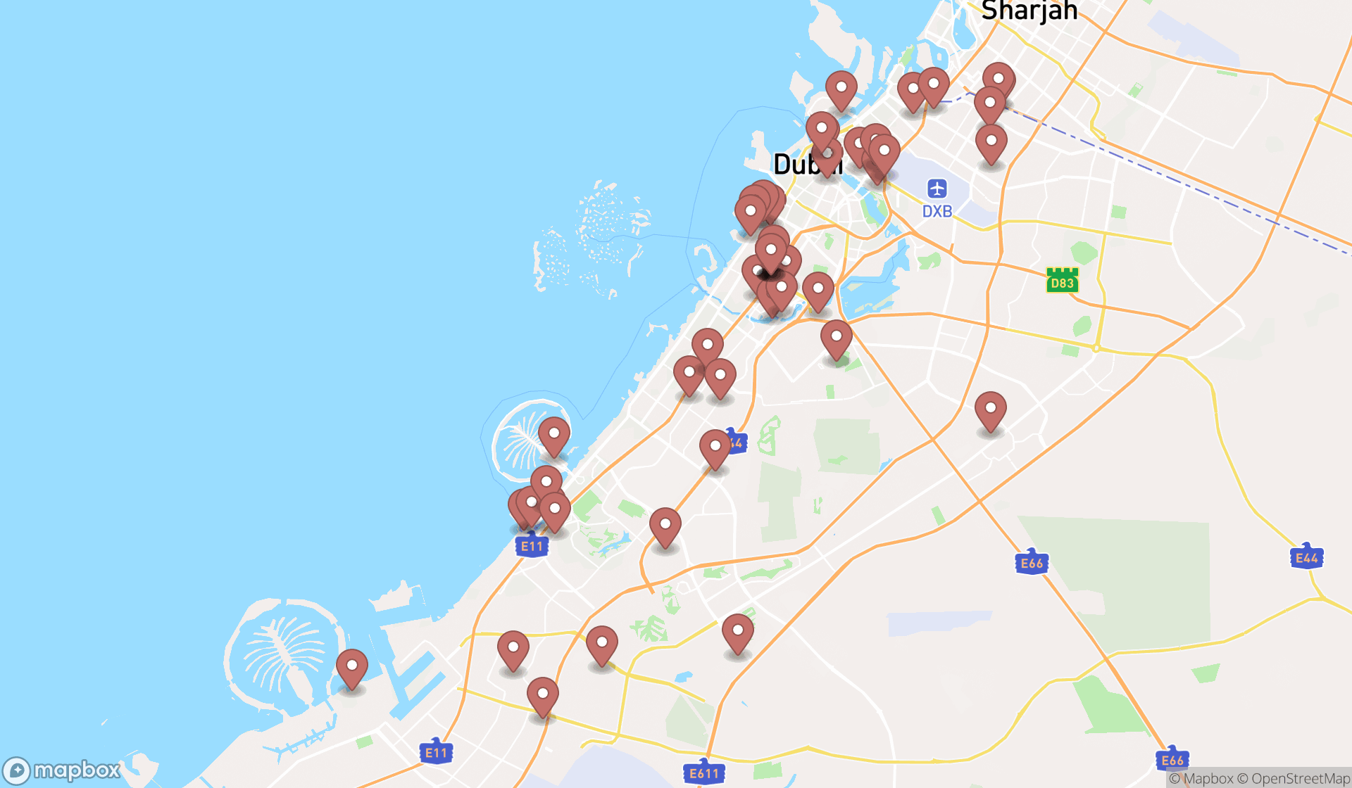 Map showing the search results in Dubai