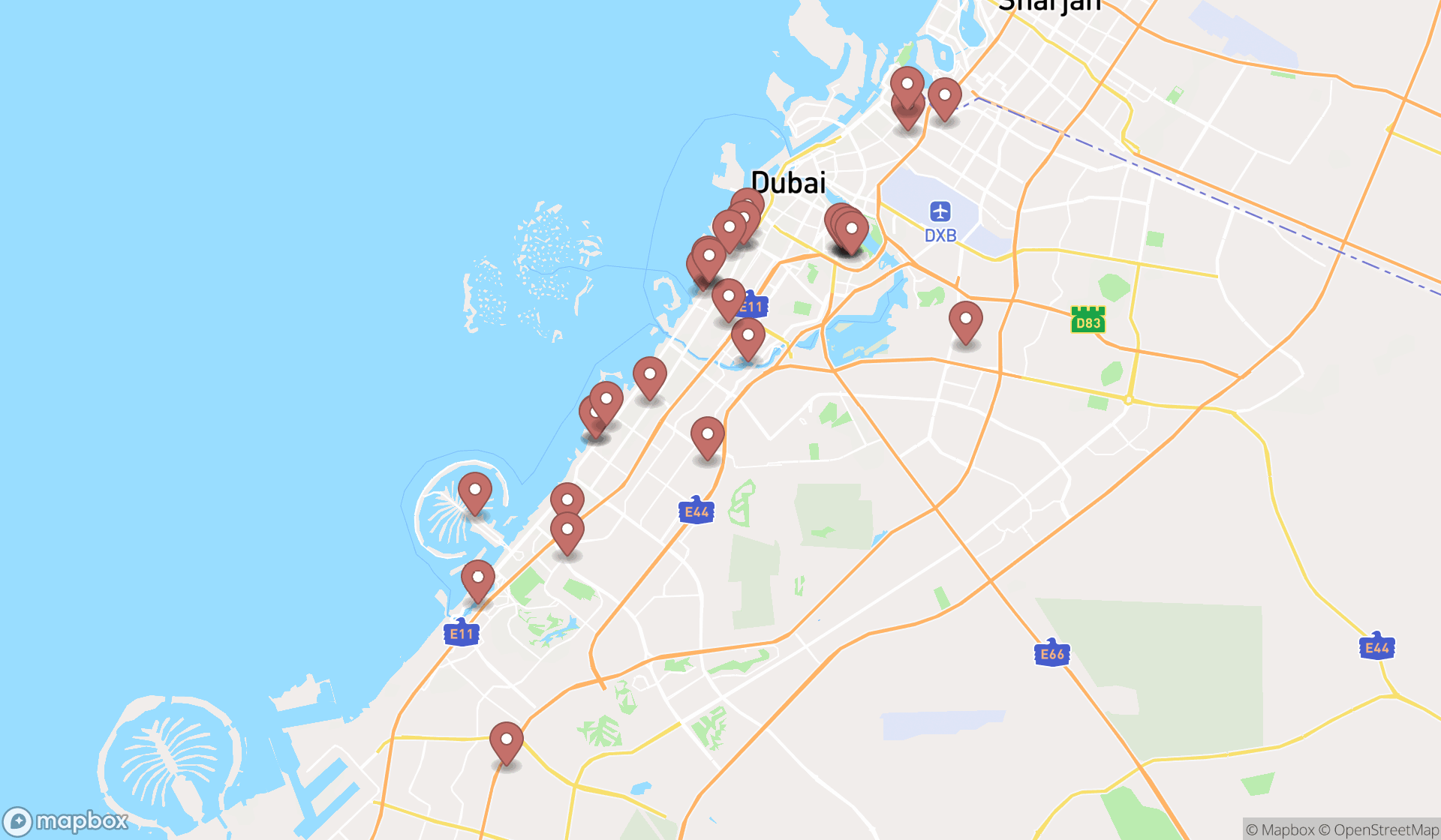 Map showing the search results in Dubai
