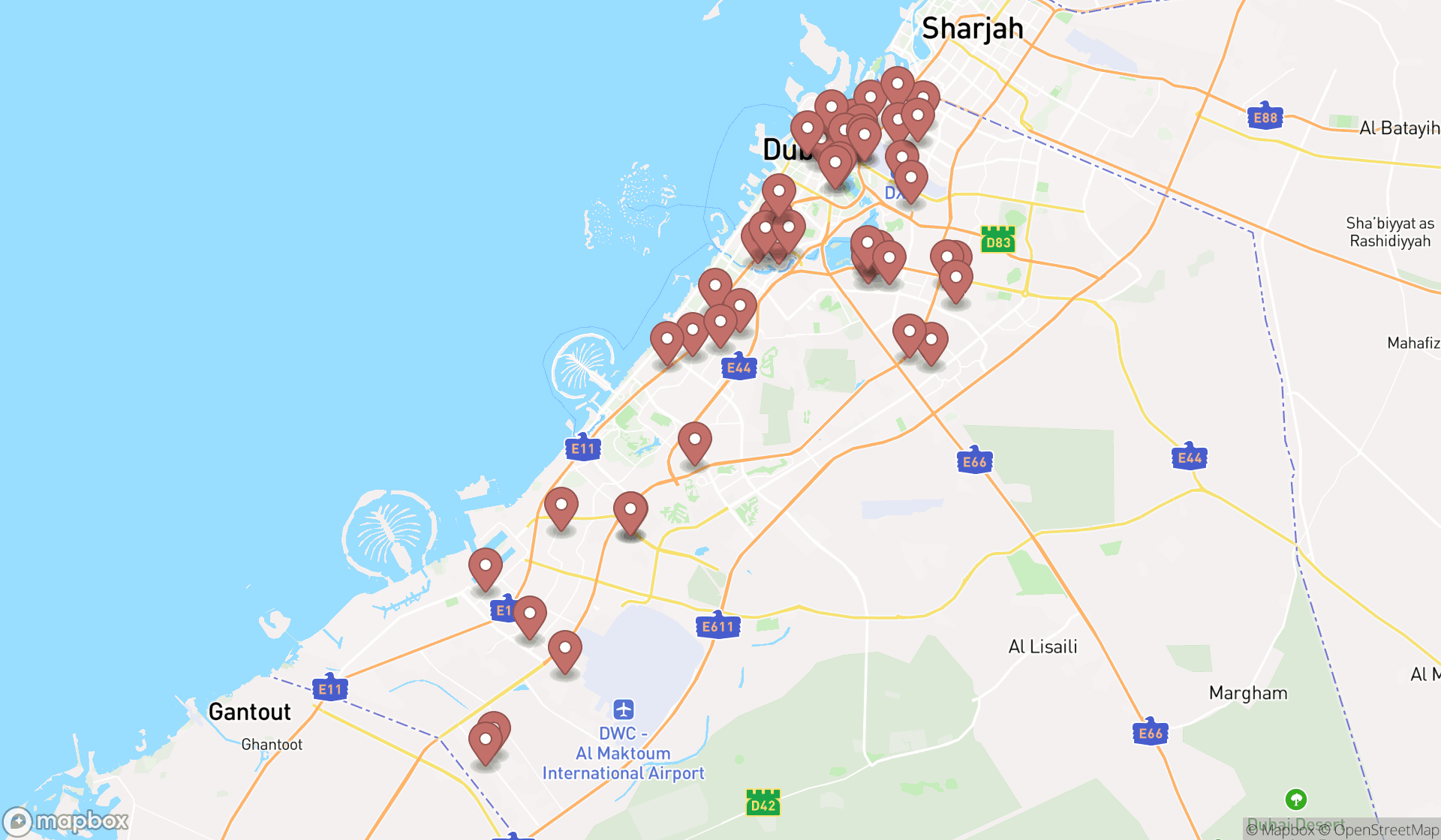 Map showing the search results in Dubai