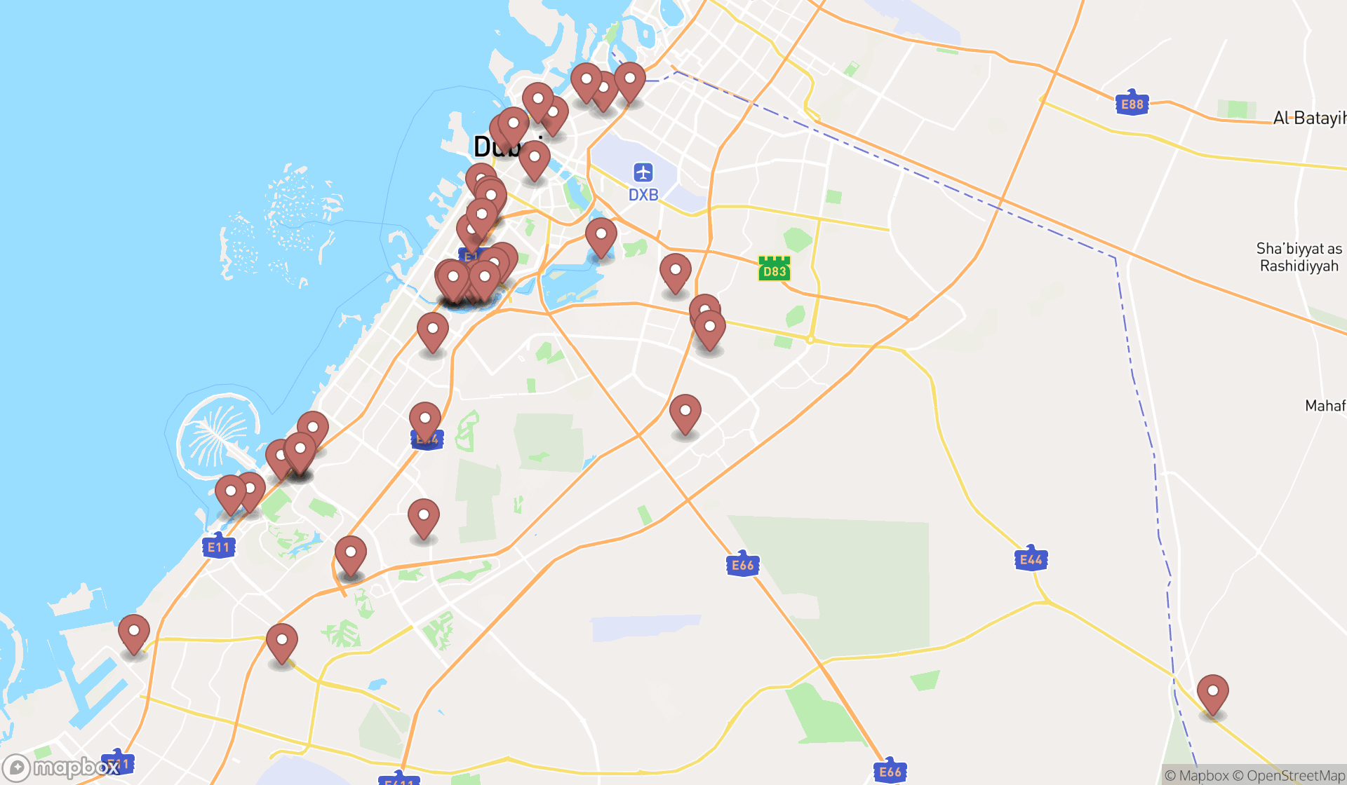 Map showing the search results in Dubai