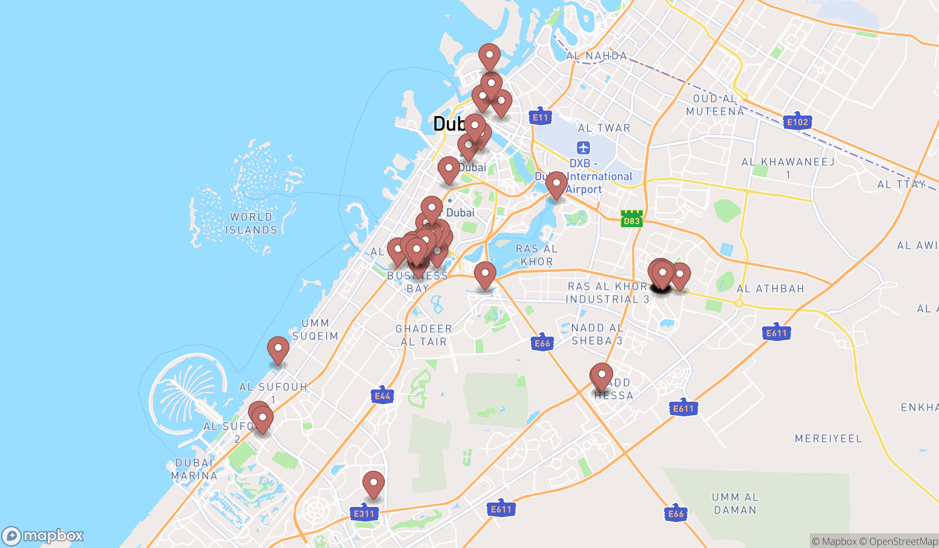 Map showing the search results in Dubai