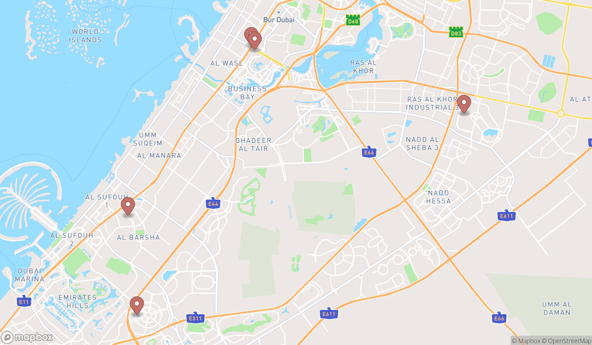 Map showing the search results in Dubai