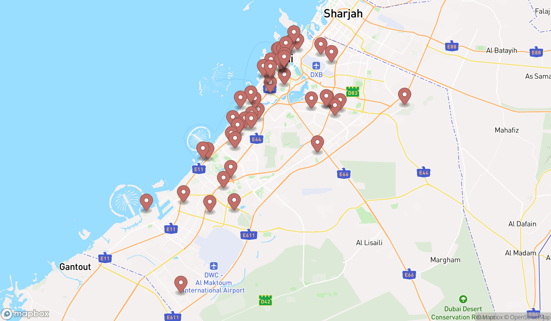 Map showing the search results in Dubai