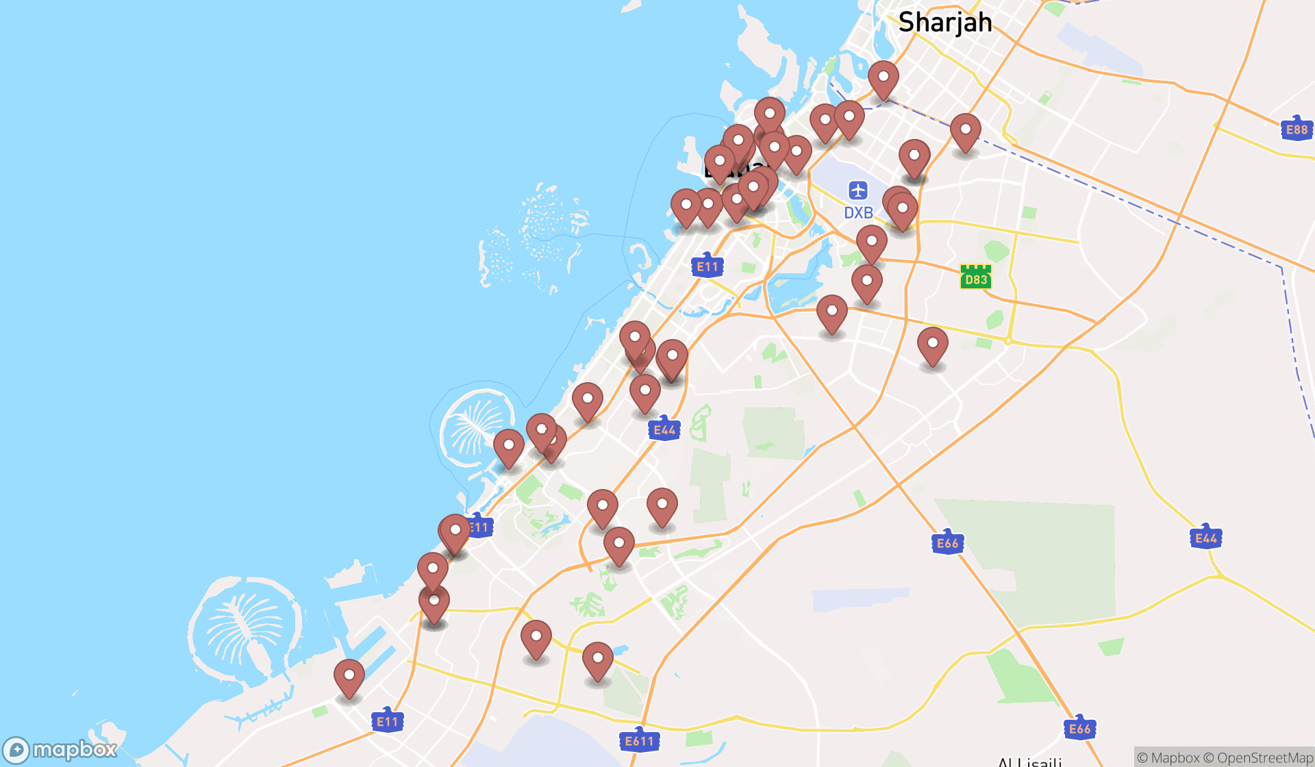 Map showing the search results in Dubai