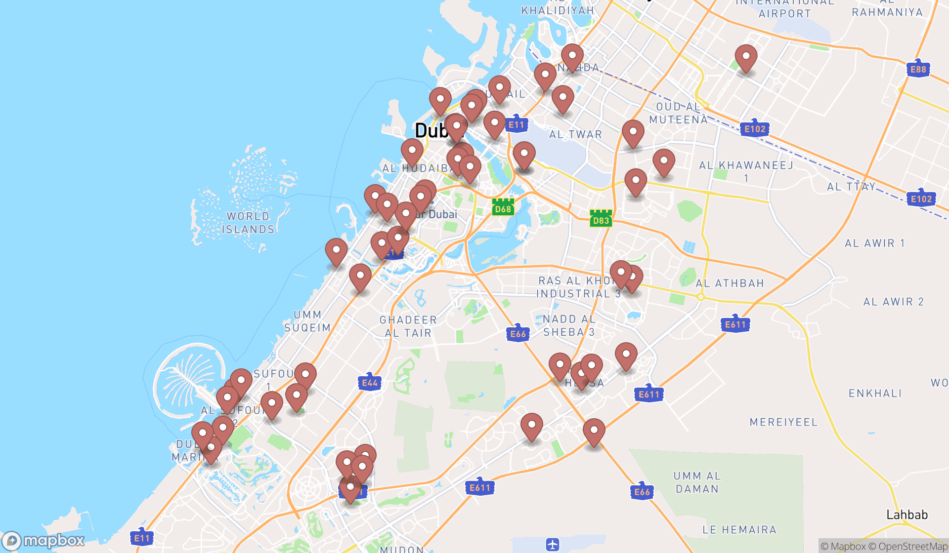 Map showing the search results in Dubai