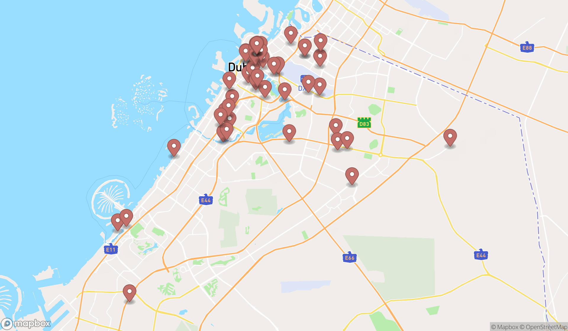 Map showing the search results in Dubai