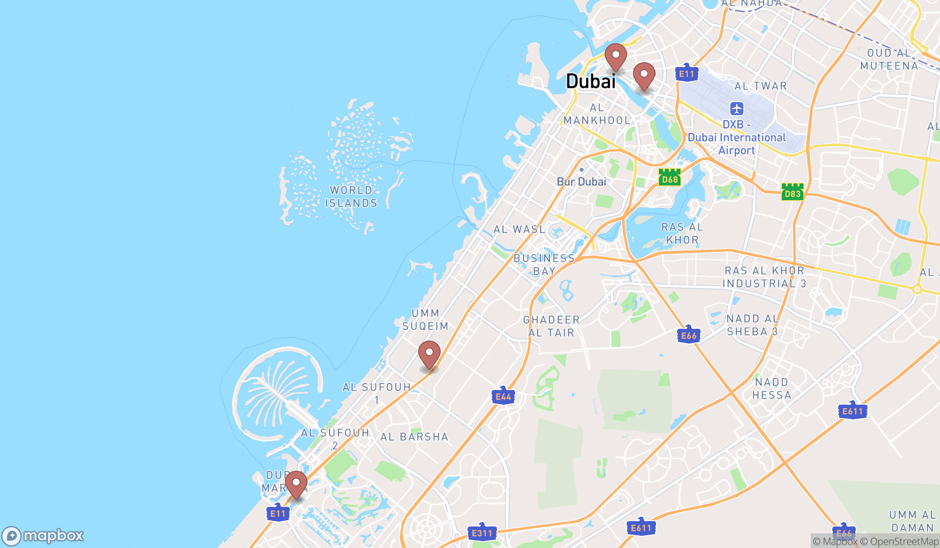 Map showing the search results in Dubai