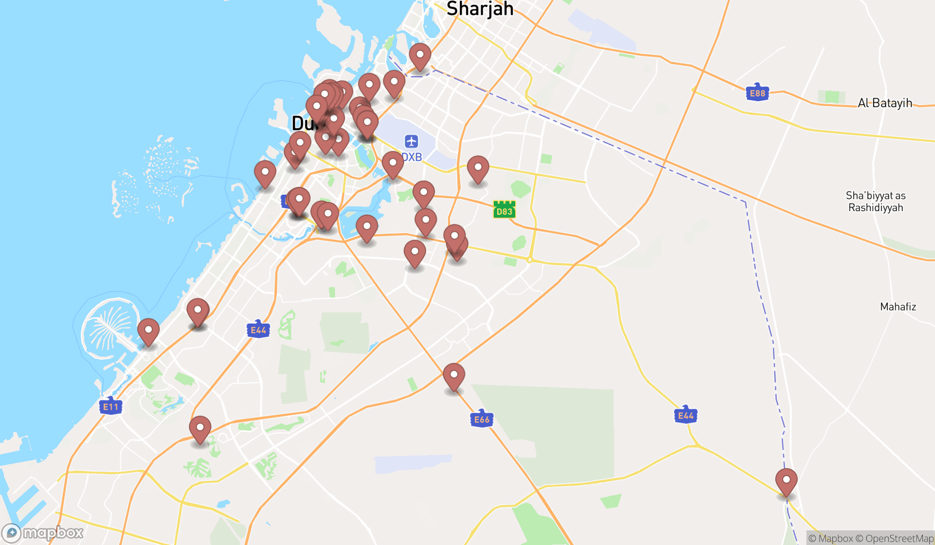 Map showing the search results in Dubai