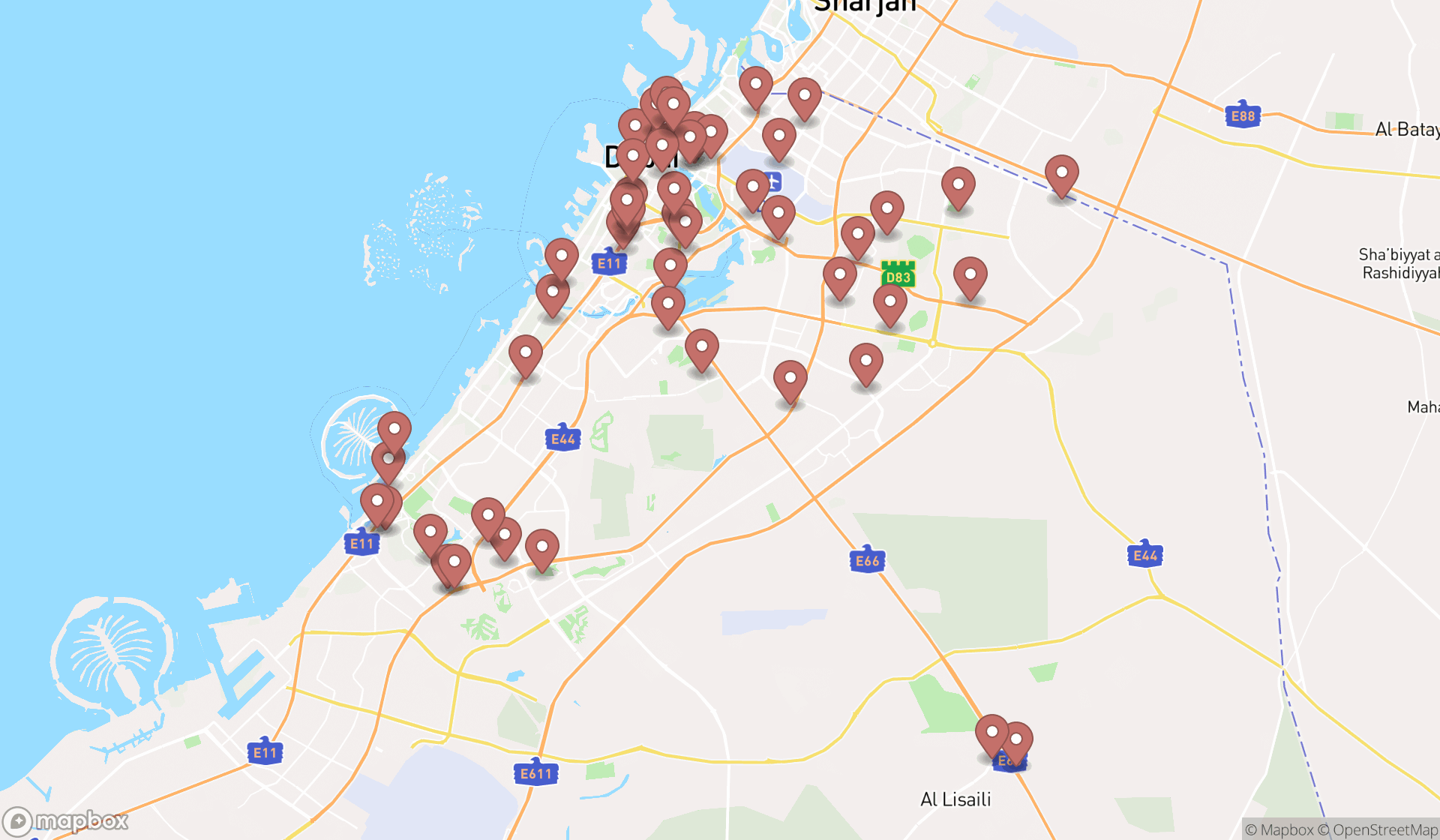 Map showing the search results in Dubai