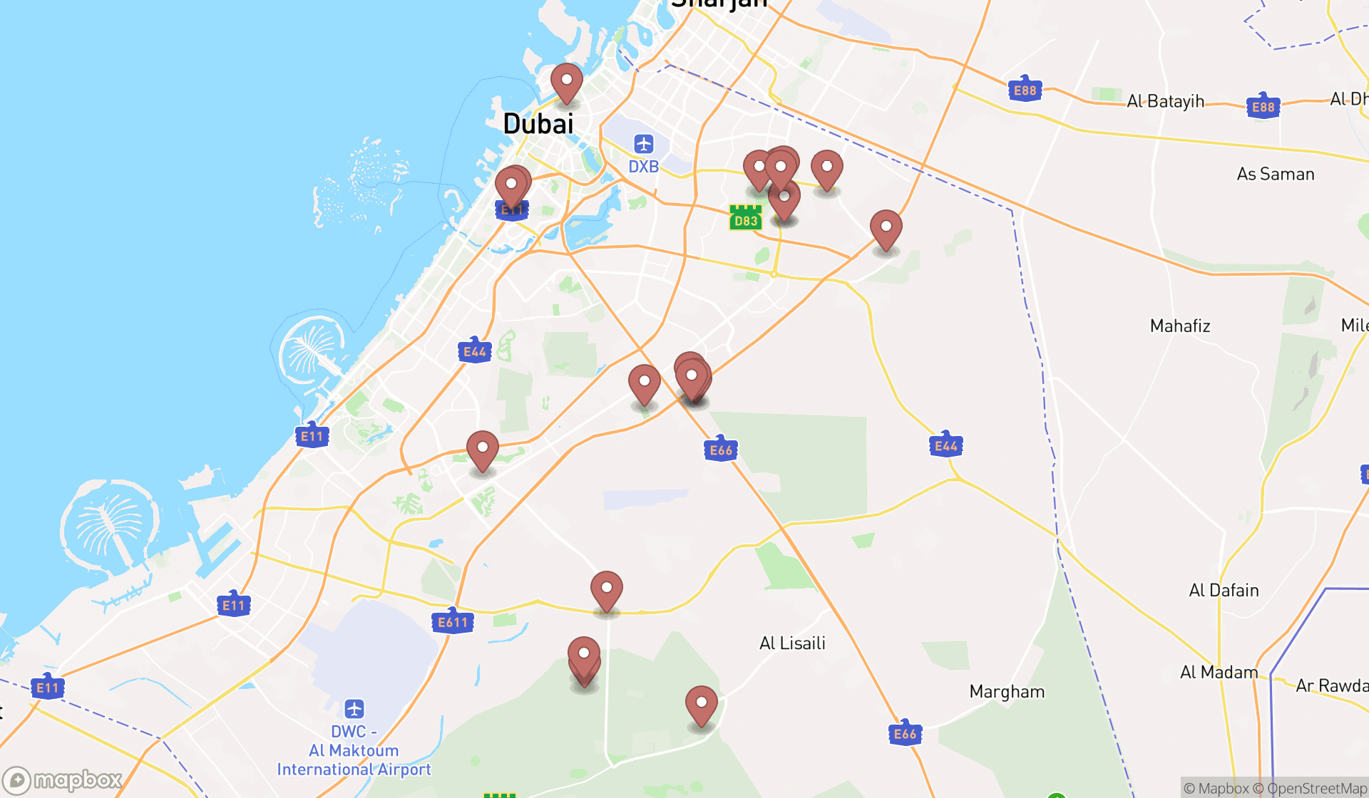 Map showing the search results in Dubai