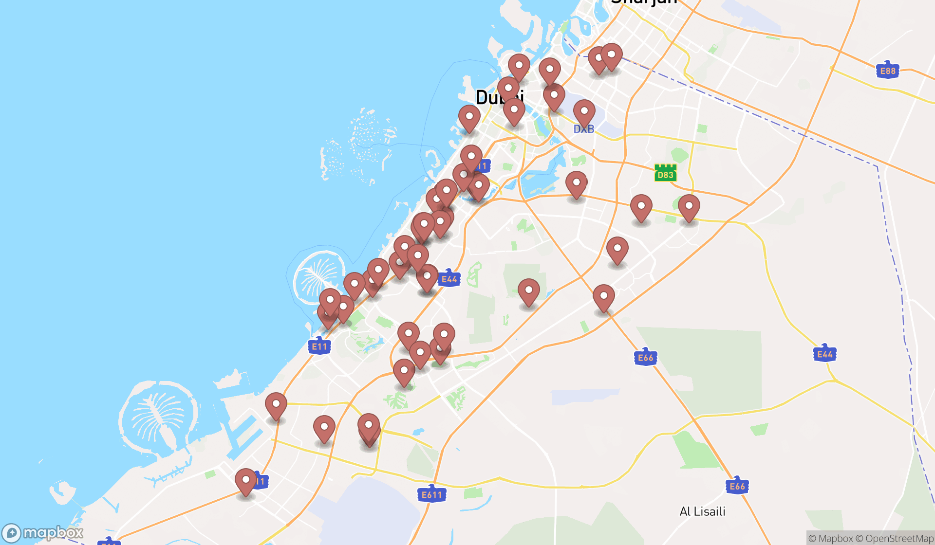 Map showing the search results in Dubai