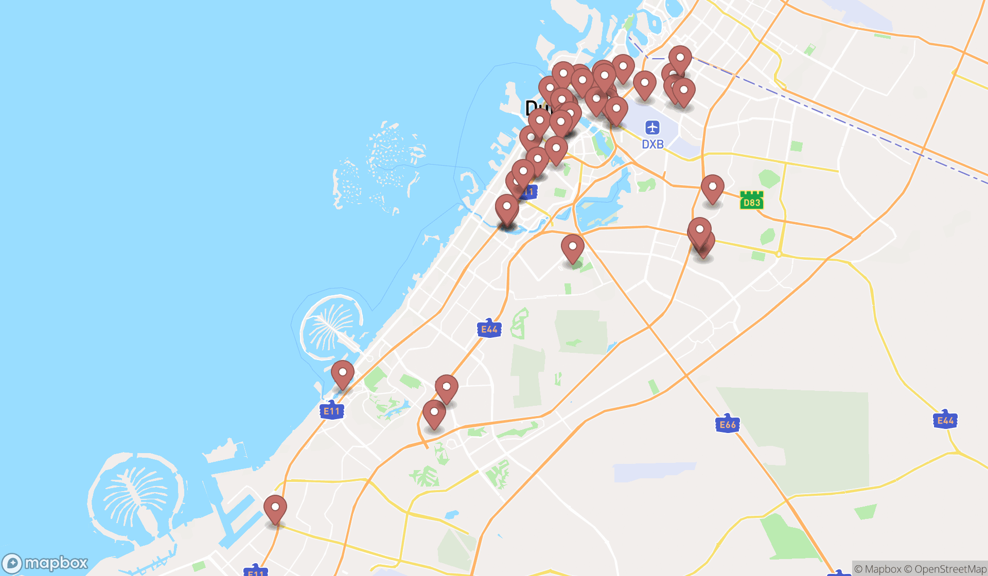 Map showing the search results in Dubai