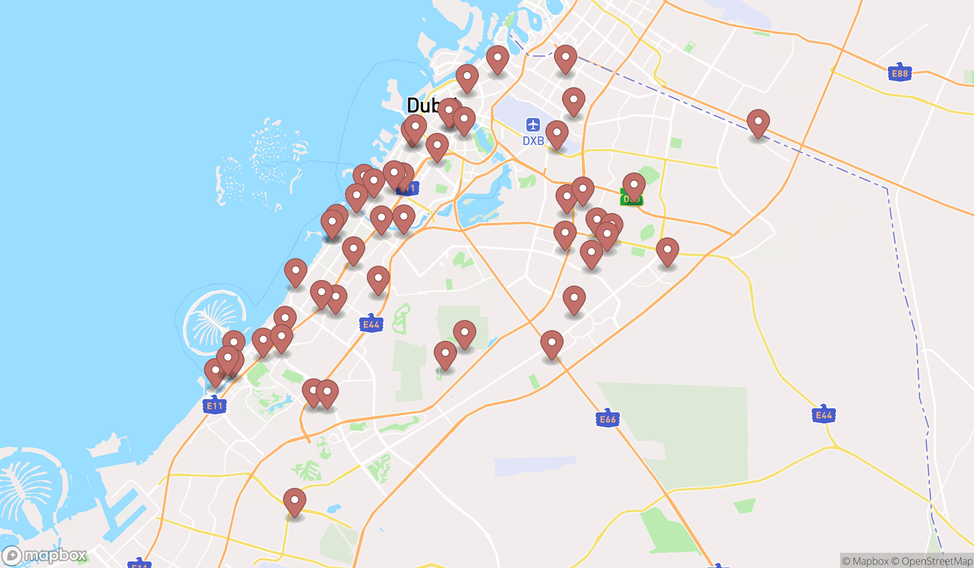 Map showing the search results in Dubai