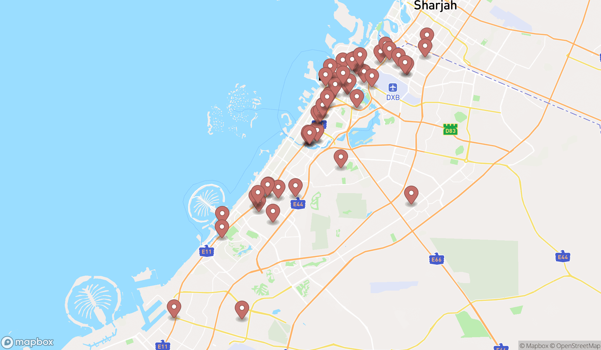 Map showing the search results in Dubai