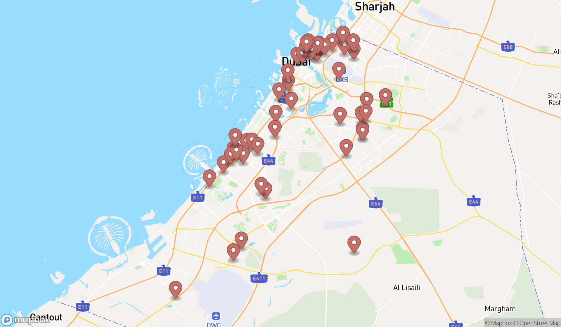 Map showing the search results in Dubai